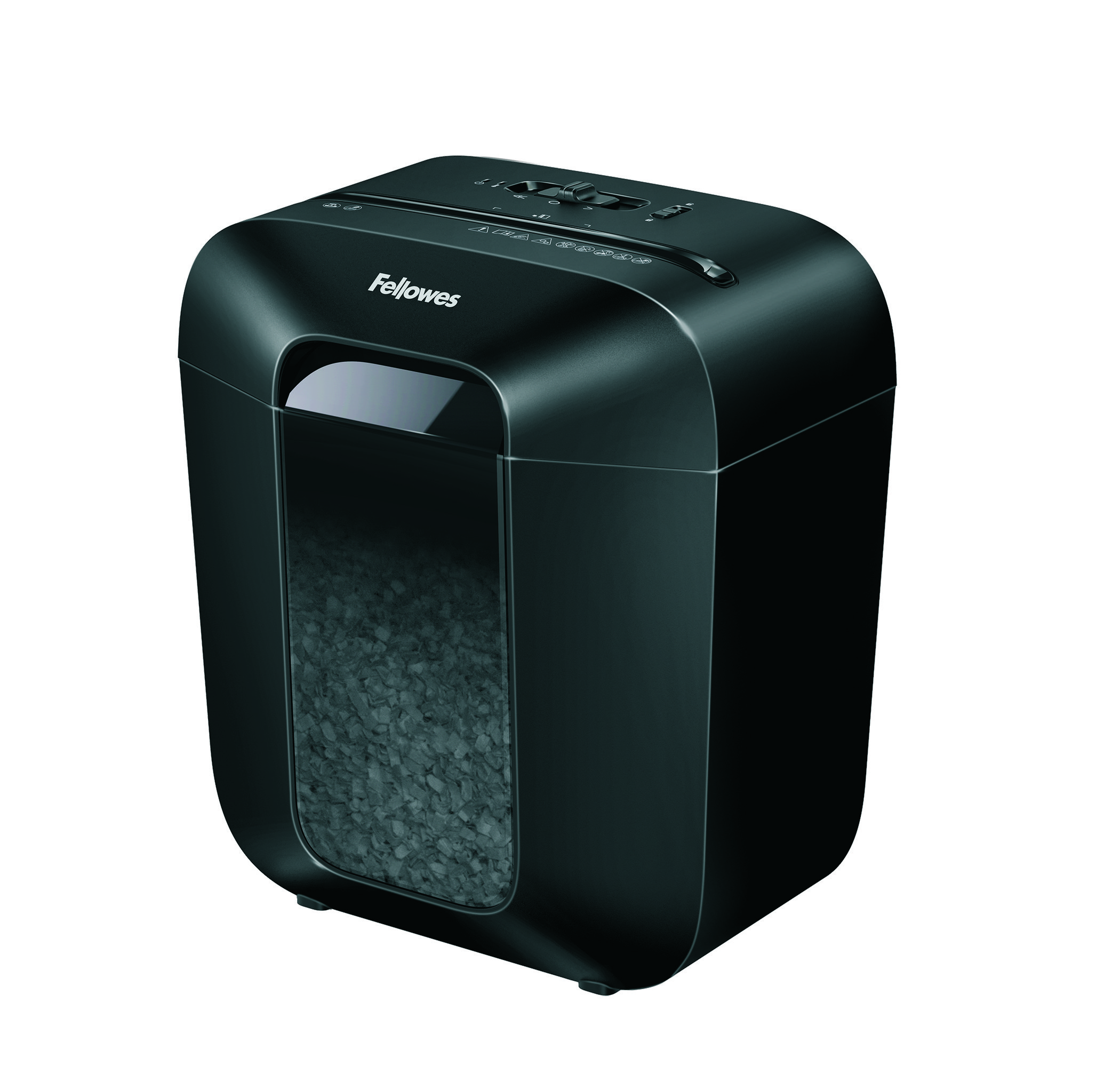 Czarna niszczarka do papieru z przezroczystym oknem pokazującym pocięty papier w środku.