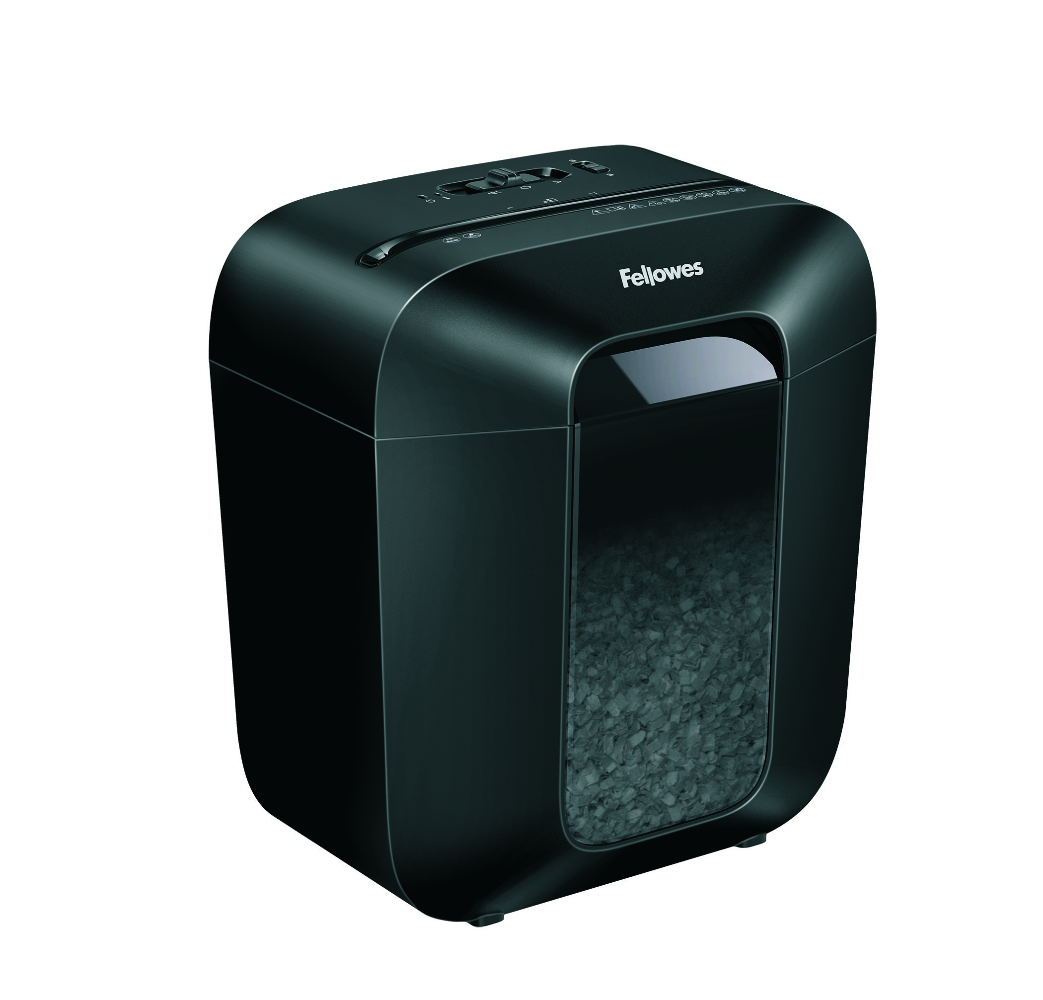 Czarna niszczarka do papieru, z przezroczystym oknem pokazującym pocięty papier w środku.