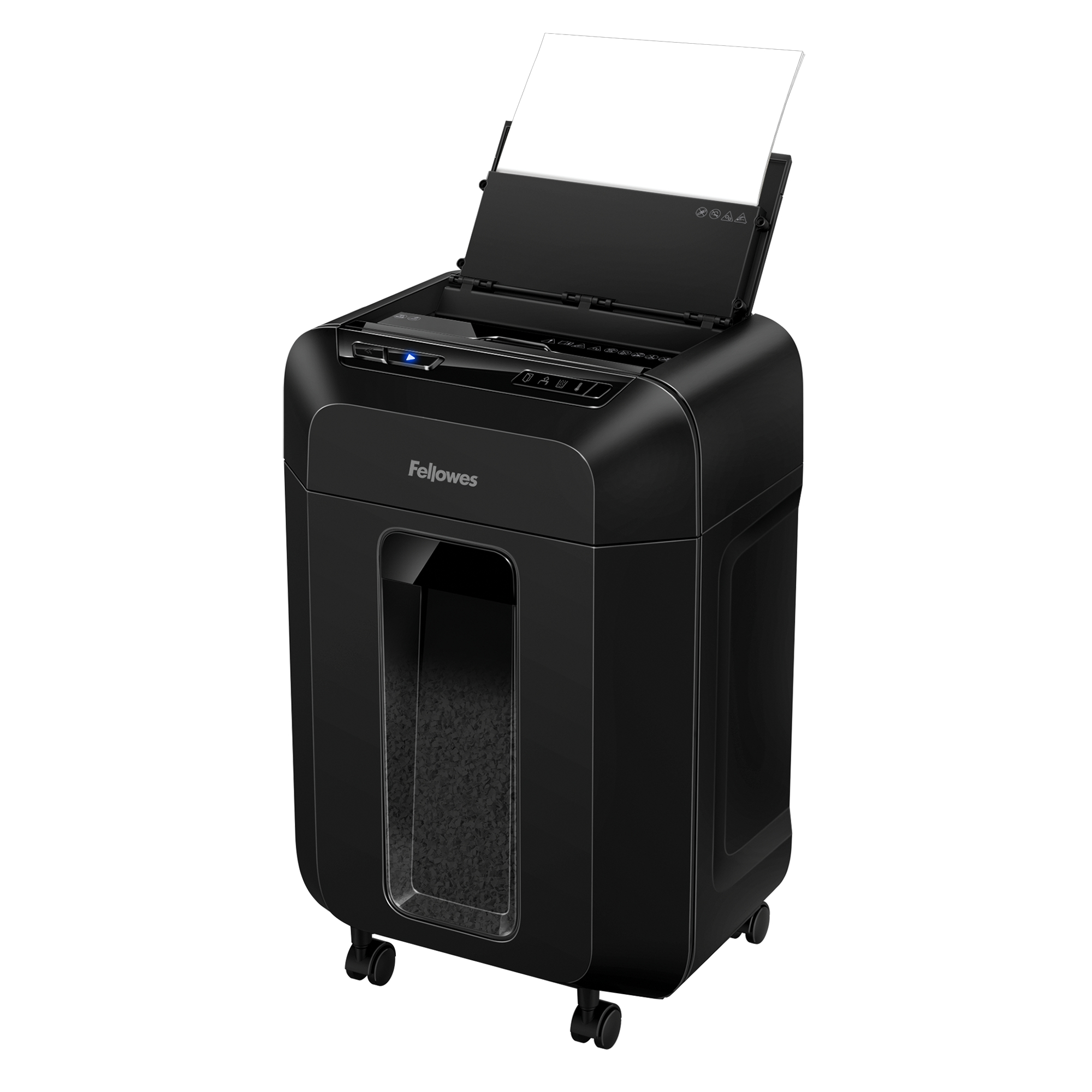 Black paper shredder with the top open, showing the shredding mechanism and shredded paper.