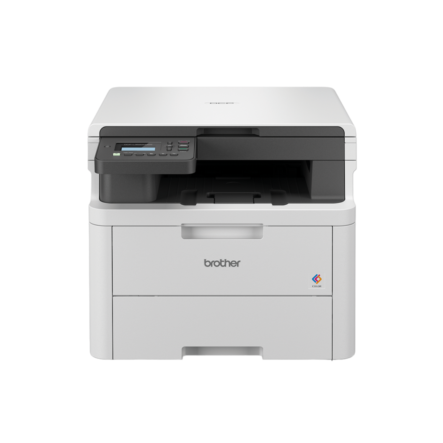 Biało-czarna drukarka z logo Brother. Posiada skaner i podajnik papieru. Tło jest jednolicie czarne.