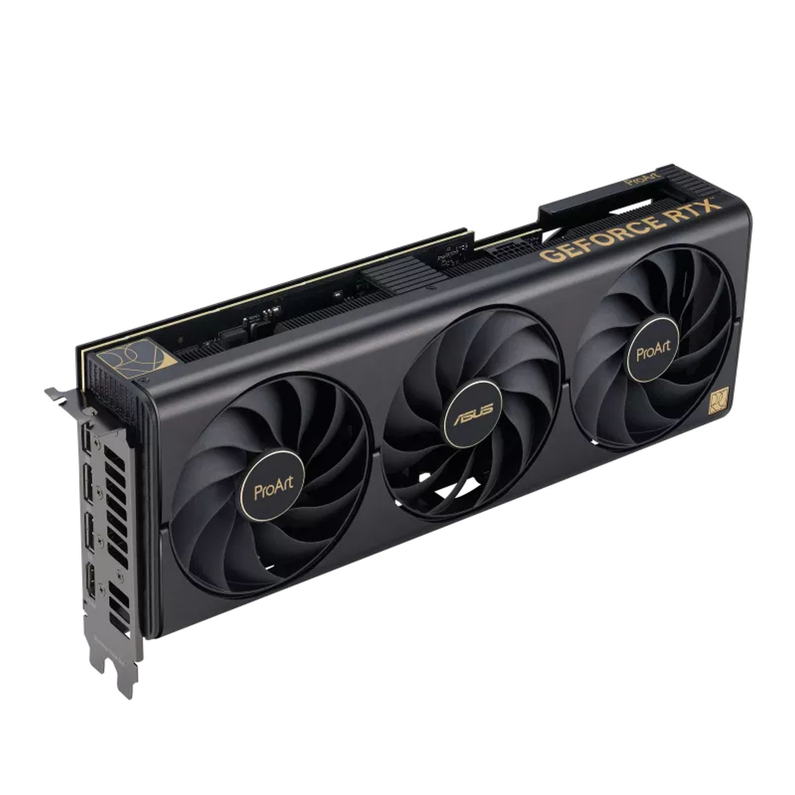Scheda grafica nera con tre ventole, dettagli dorati e marchio 'GeForce RTX' e 'ProArt'.