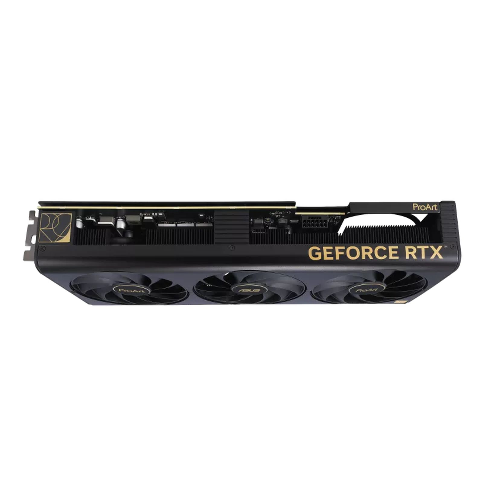 Scheda grafica nera e oro con tre ventole, etichettata GeForce RTX e ProArt.