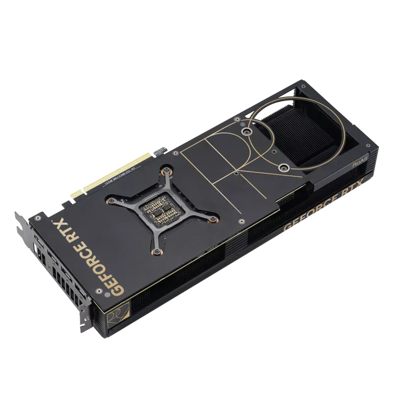 Scheda grafica GeForce RTX, nera e oro. Logo ProArt, ripresa angolata. Sfondo bianco.