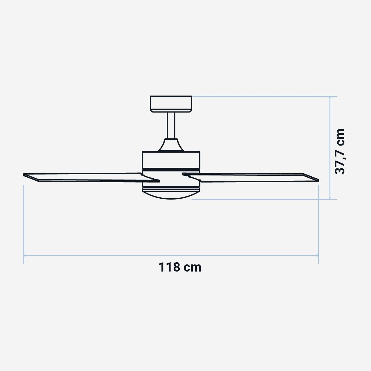 Diagramma di un ventilatore da soffitto con dimensioni: 37,7 cm e 118 cm.