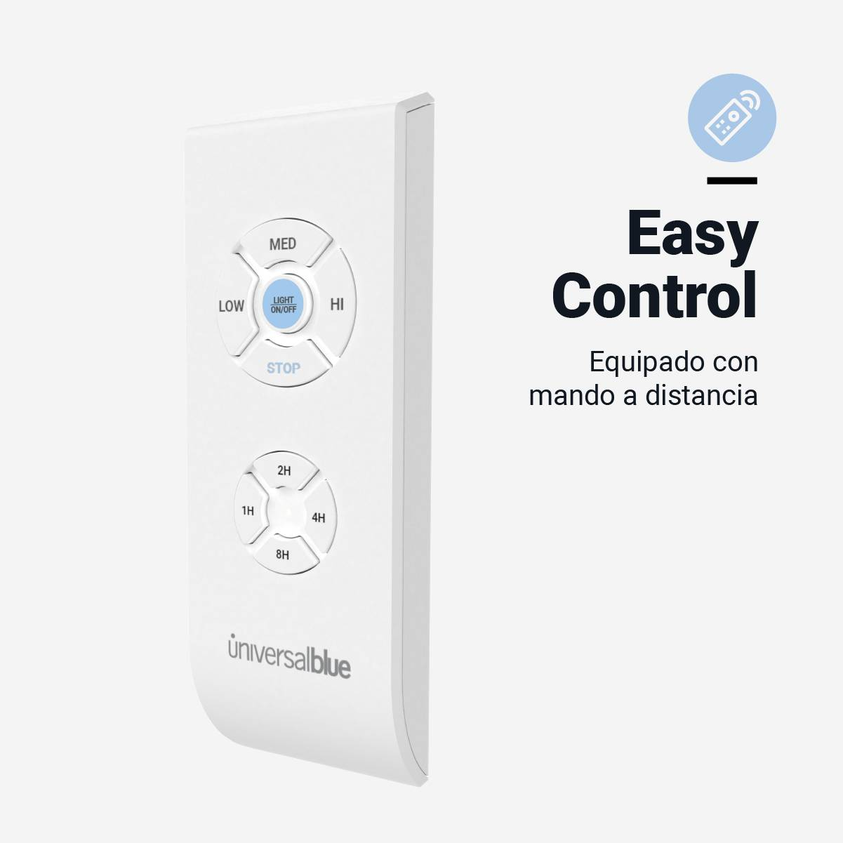 Un telecomando bianco con pulsanti MED, LOW, HI e un pulsante di accensione/spegnimento della luce.