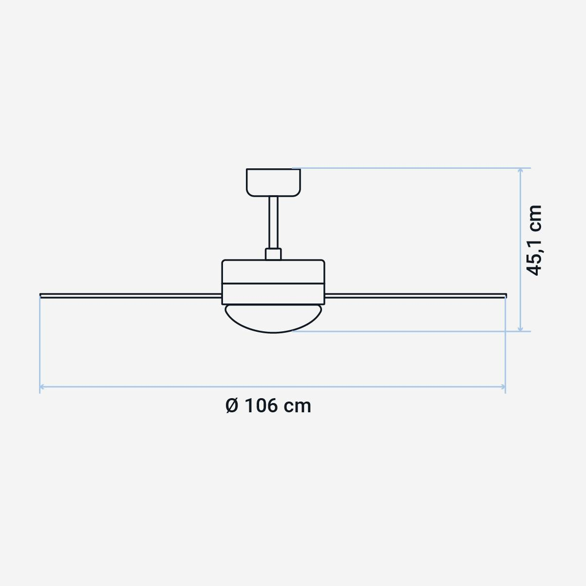 Schema di un ventilatore a soffitto, che mostra le dimensioni. La ventola è larga 106 cm e alta 45,1 cm.