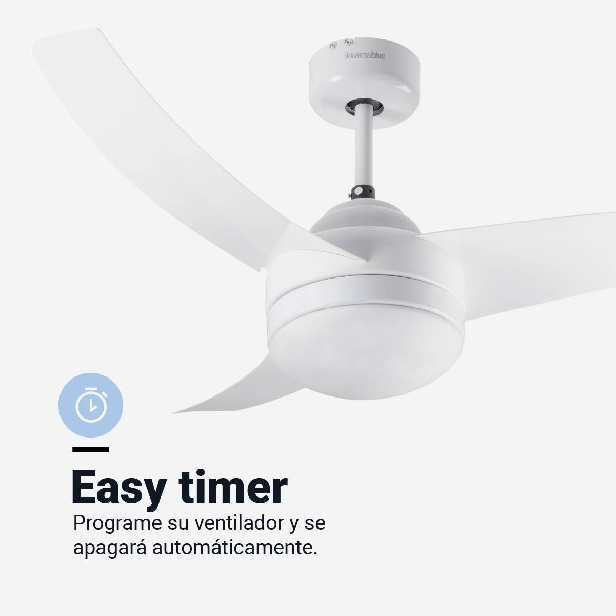 Ventilatore a soffitto con pale bianche e luce, testo 'Easy timer' e descrizione.