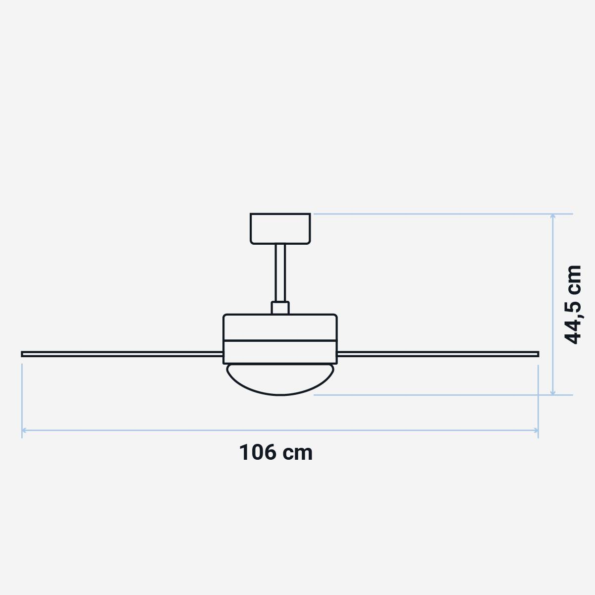 Un diagramma mostra un ventilatore da soffitto con dimensioni: 106 cm di larghezza, 44,5 cm di altezza.