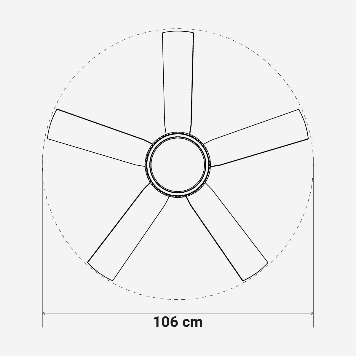 Vista superior de un ventilador con cinco aspas y una medida circular de 106 cm.