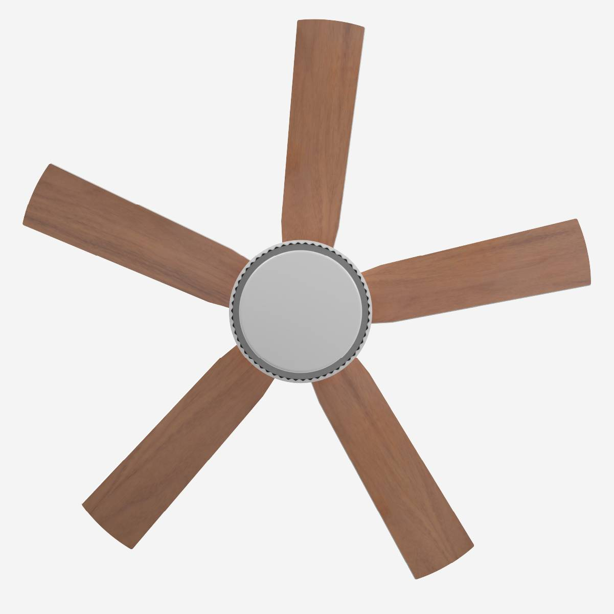 Ventilador de techo con cinco aspas de madera y centro plateado sobre fondo blanco.