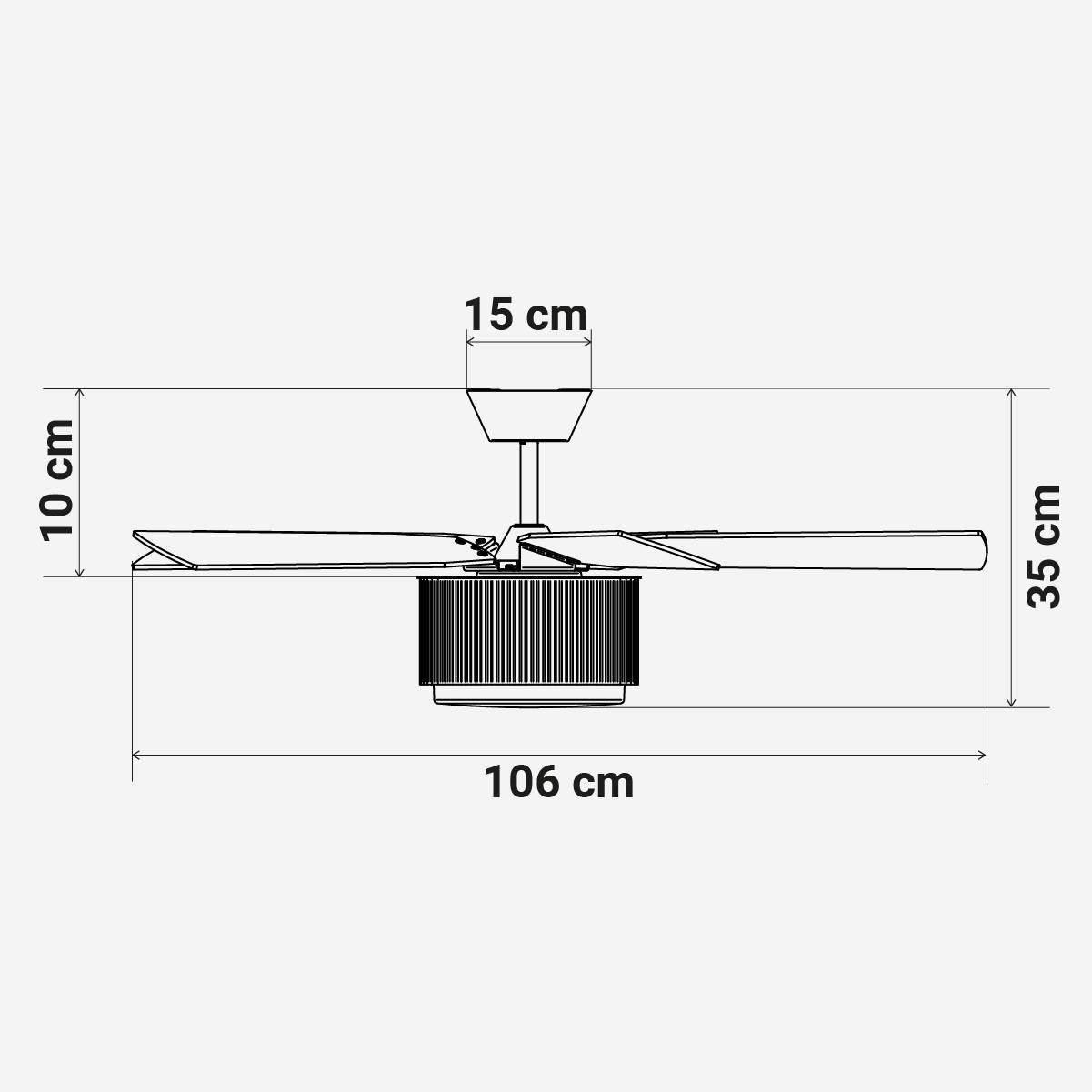 Diagrama de un ventilador de techo con dimensiones: 106 cm ancho, 10 cm alto, 35 cm aspa, 15 cm base.