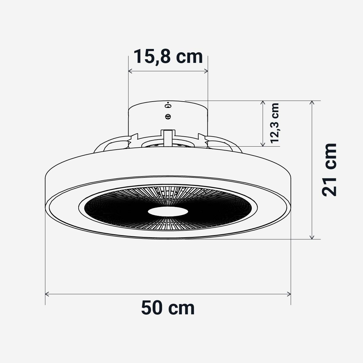 Luz de techo, blanco y negro, con dimensiones mostradas.