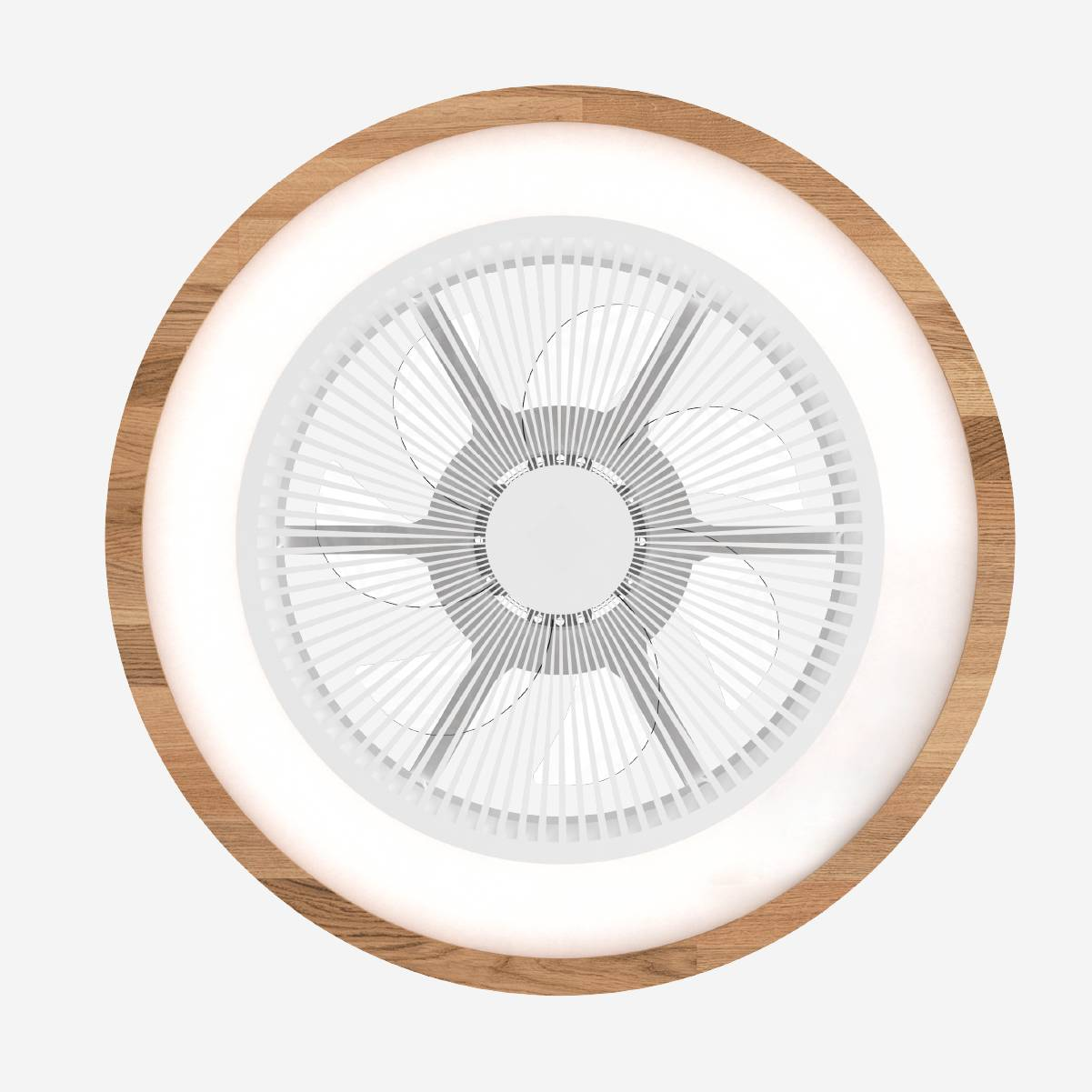 Una lámpara de techo circular con interior blanco y marco de madera.