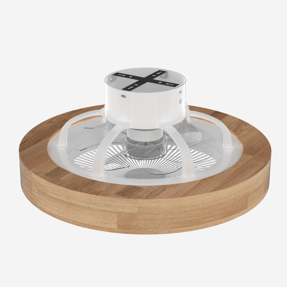 Un ventilador de techo moderno con marco de madera y estructura central blanca.