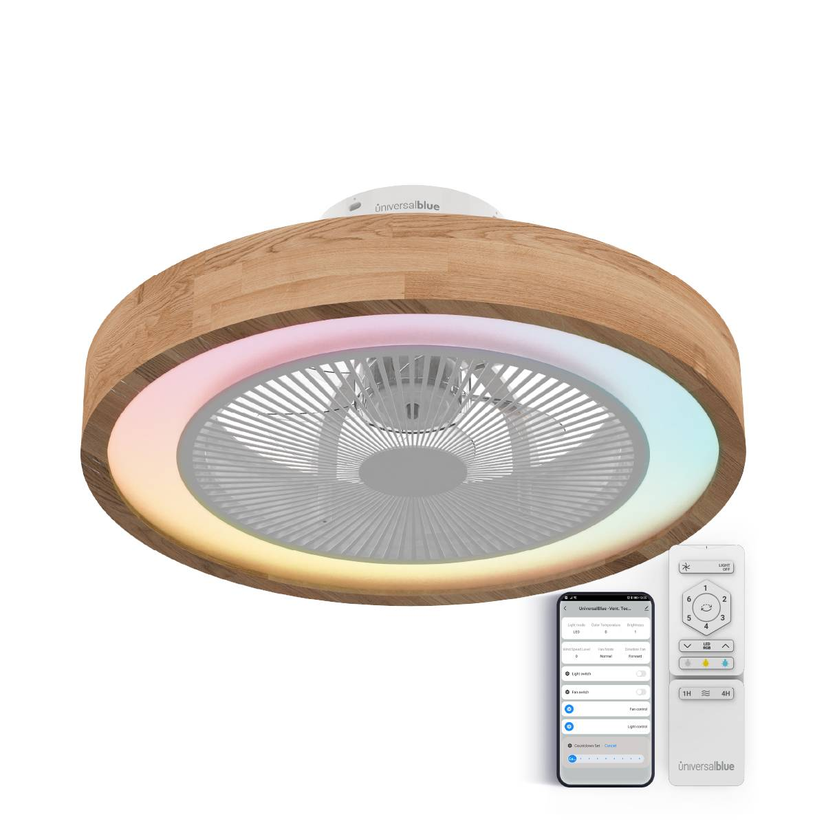 Un ventilador de techo con un anillo de madera, una luz y un control remoto. El ventilador es blanco.