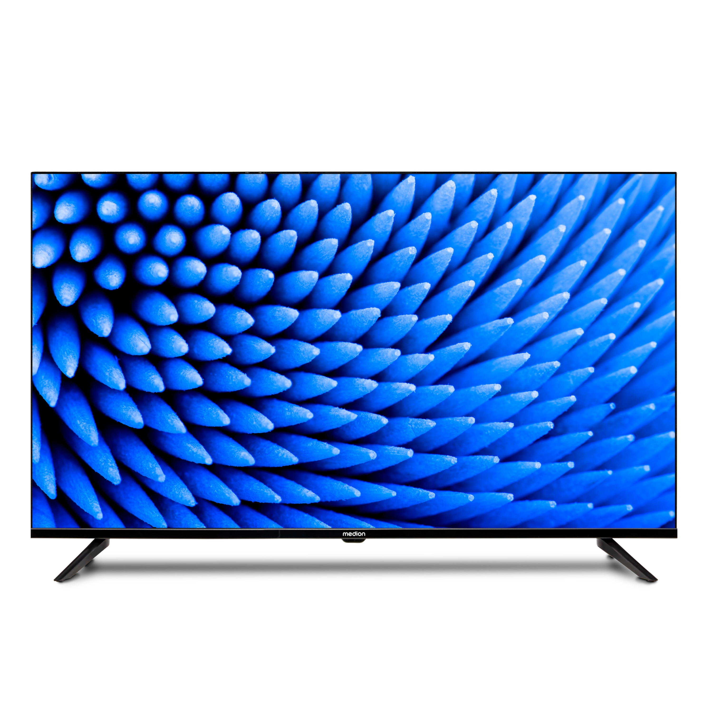 Fernsehbildschirm mit blauem Hintergrund. Schwarzer Rahmen und Ständer. Der Hintergrund hat blaue Spitzen.