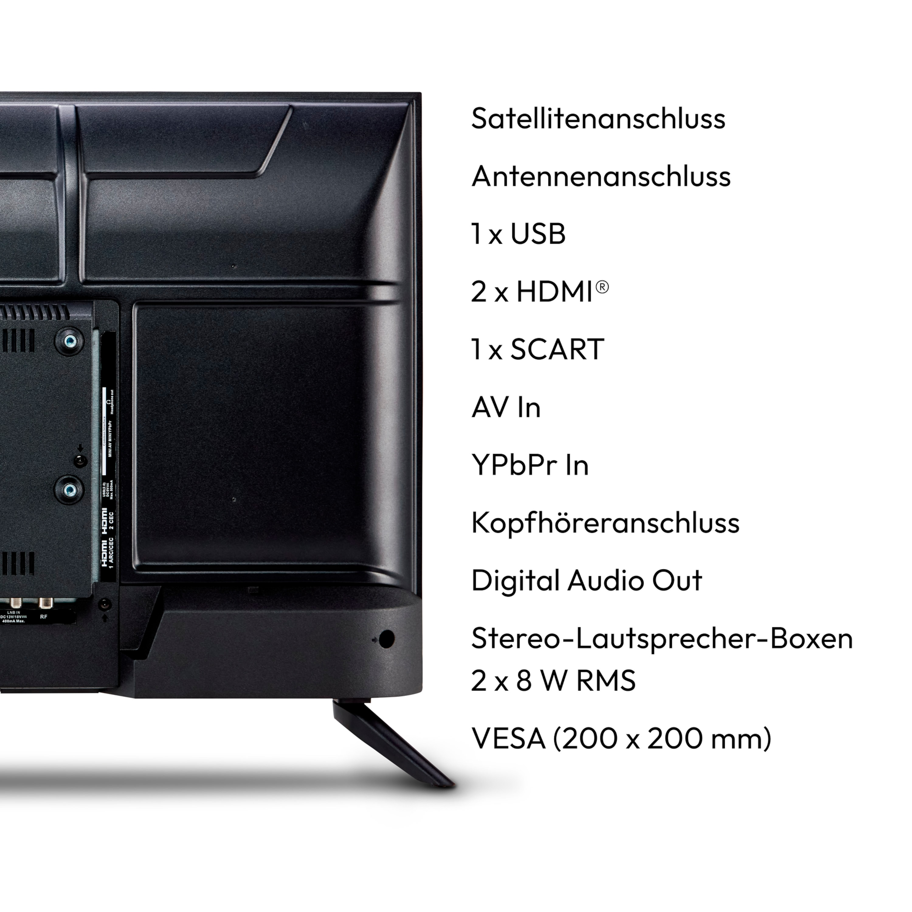 Rückseite eines schwarzen Fernsehers mit Anschlüssen und Spezifikationen. Weißer Hintergrund.