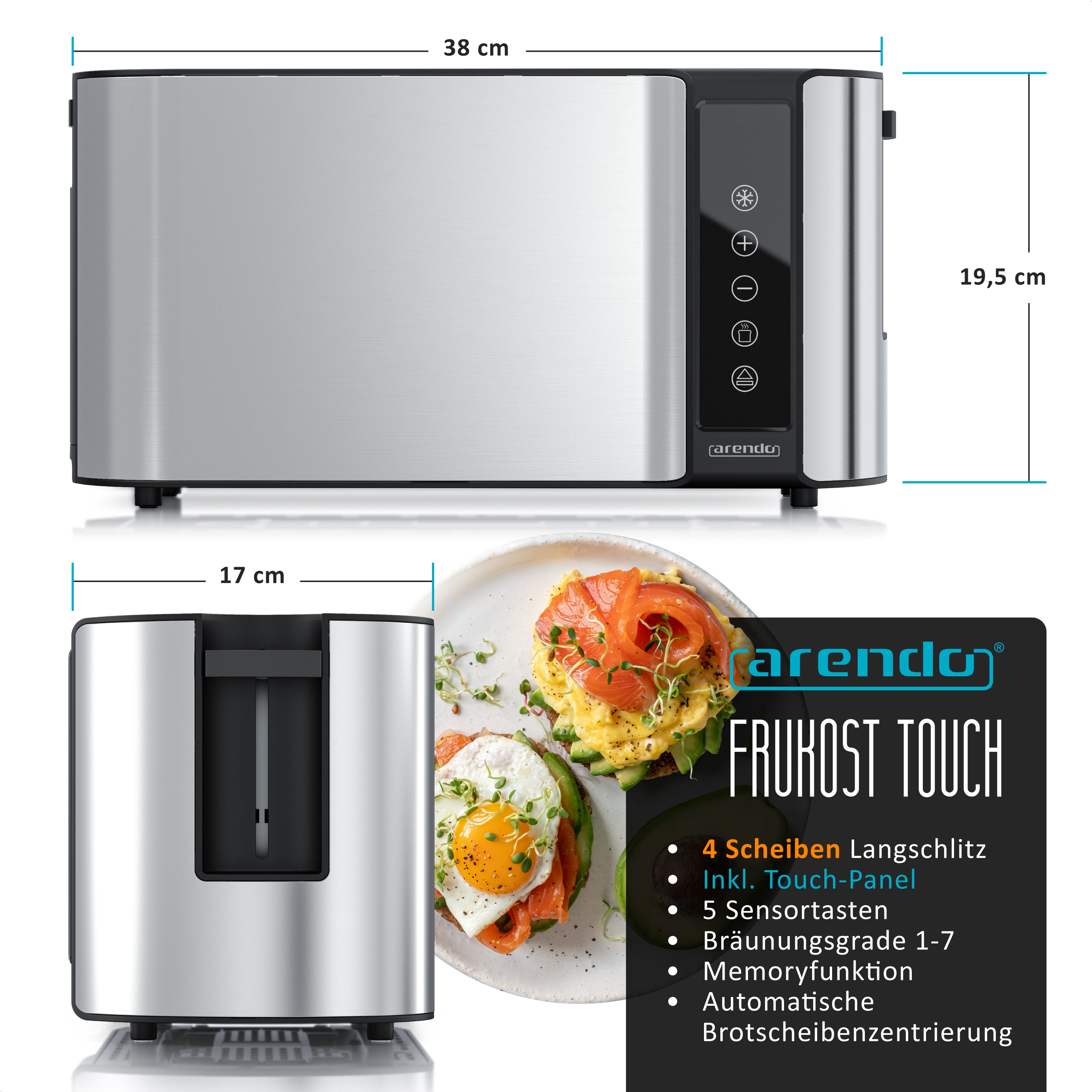 Zwei Toaster mit Text und Maßen. Einer mit Essen, der andere mit Text. Weißer Hintergrund.