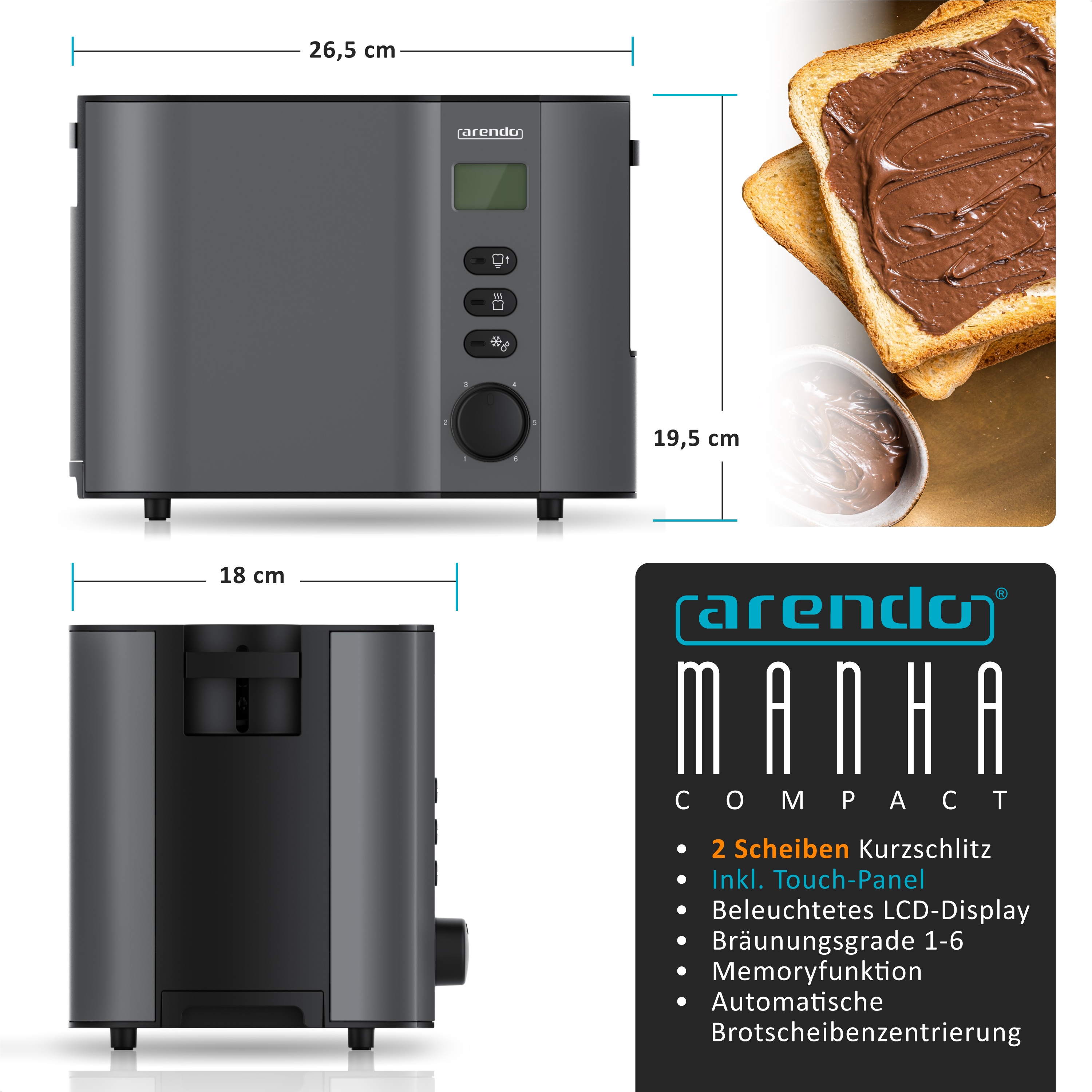 Grauer Toaster mit Maßen auf weißer Oberfläche und Toast mit Schokolade.