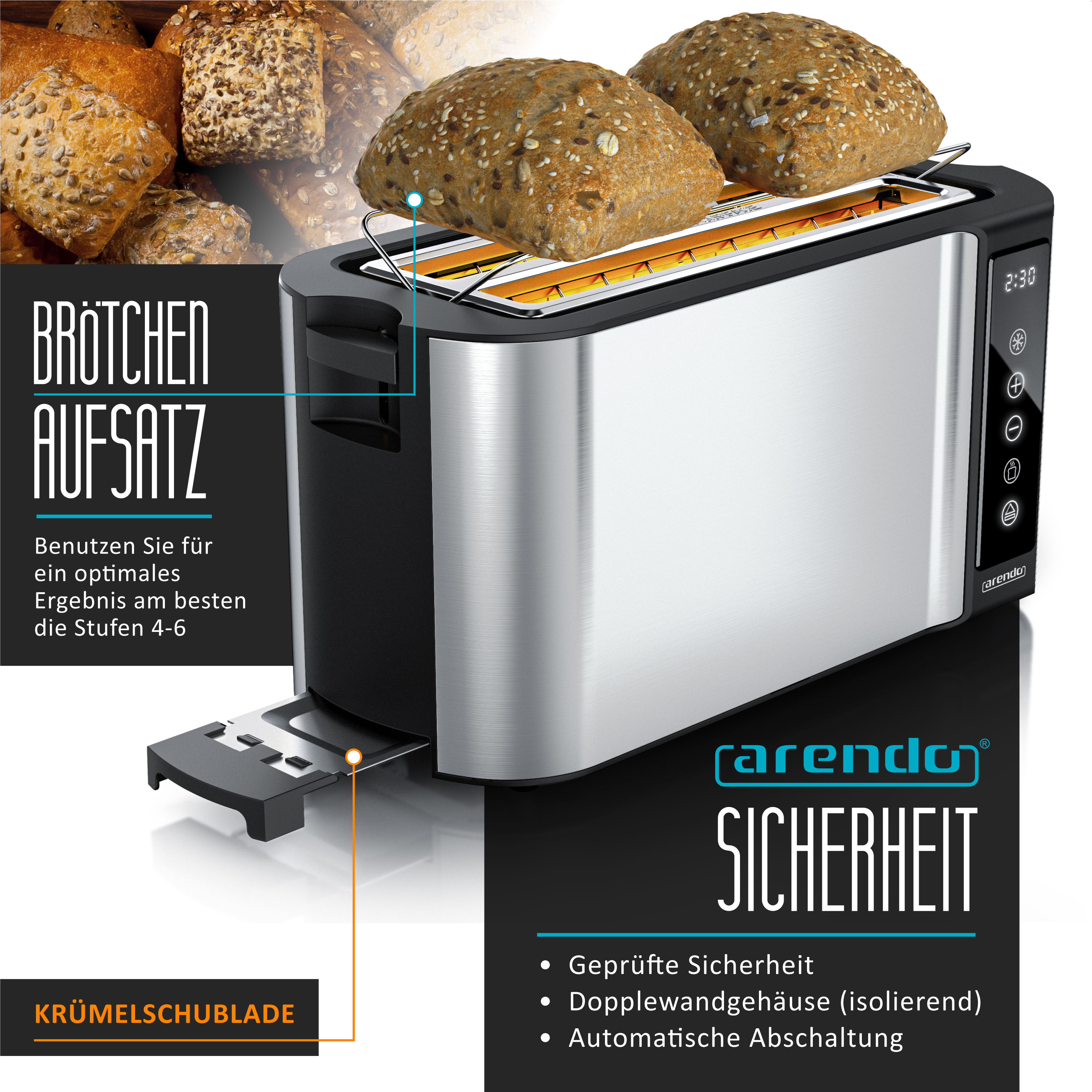 Toaster aus Edelstahl mit zwei Brötchen. Schwarz-silbernes Design.