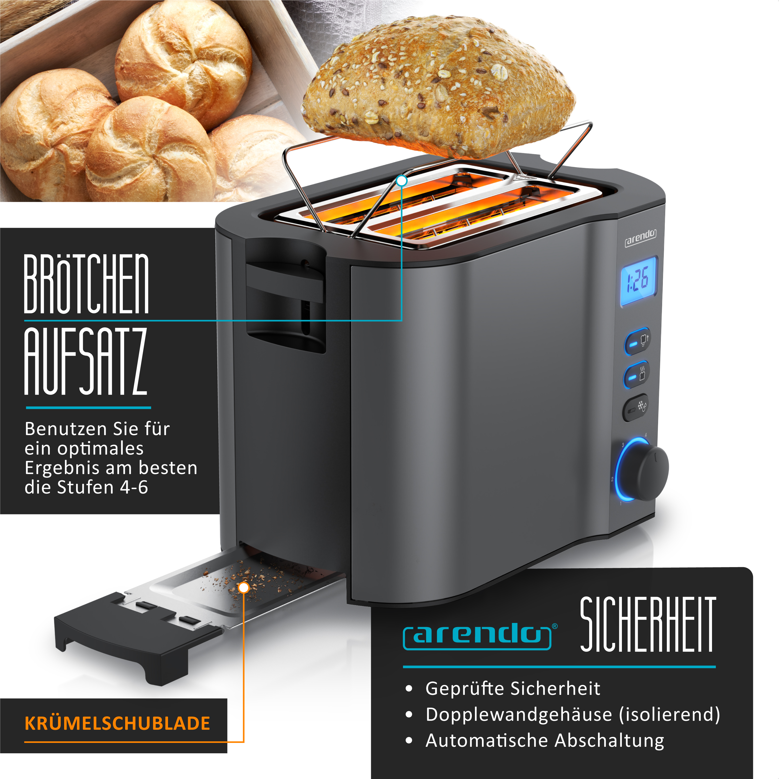 Ein Toaster mit Brötchen oben, einem Tablett und einer Taste mit der Bezeichnung Sicherheit auf weißem Hintergrund.