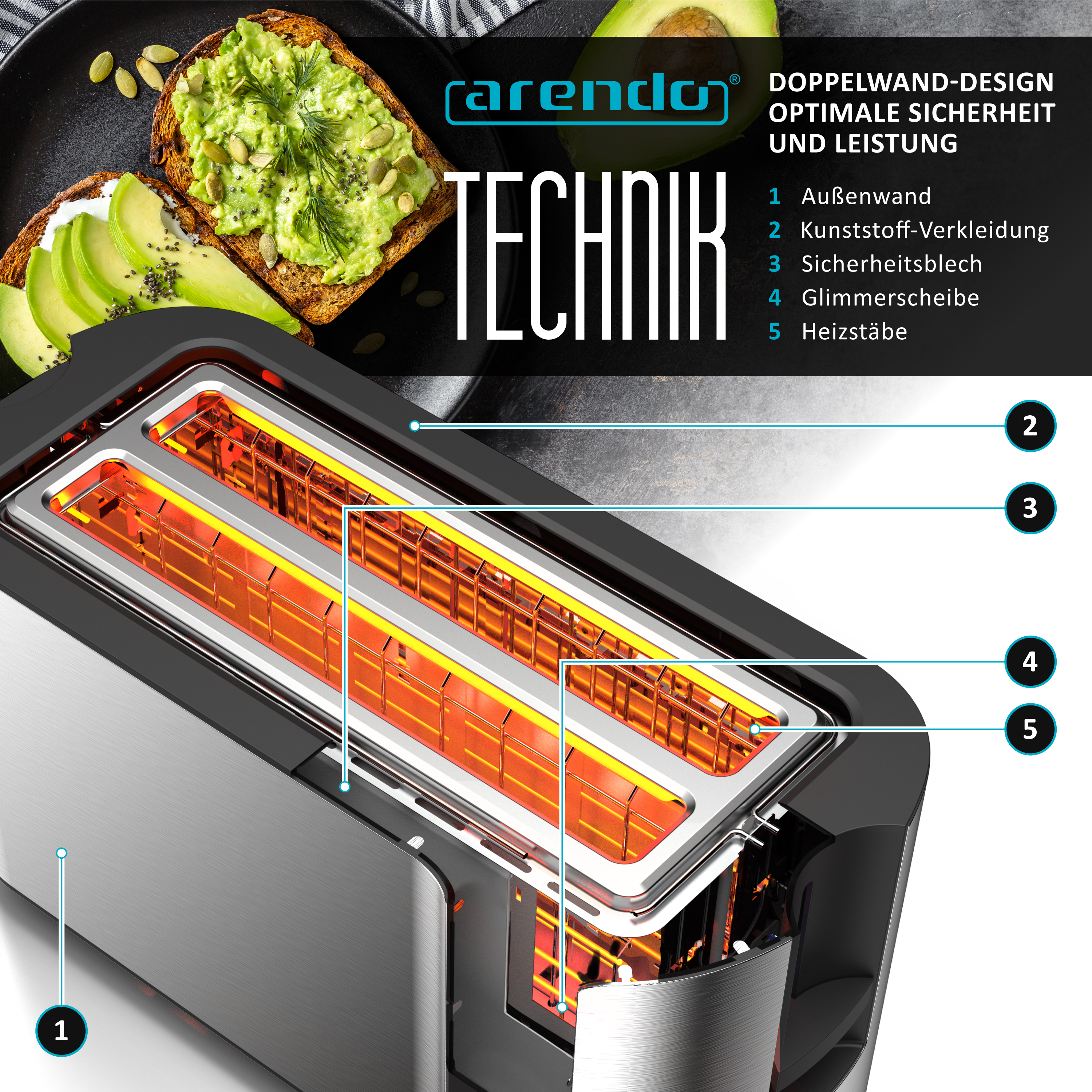 Toaster mit Toast und Avocado. Text mit nummerierten Elementen. Schwarz-Silber-Farbschema.