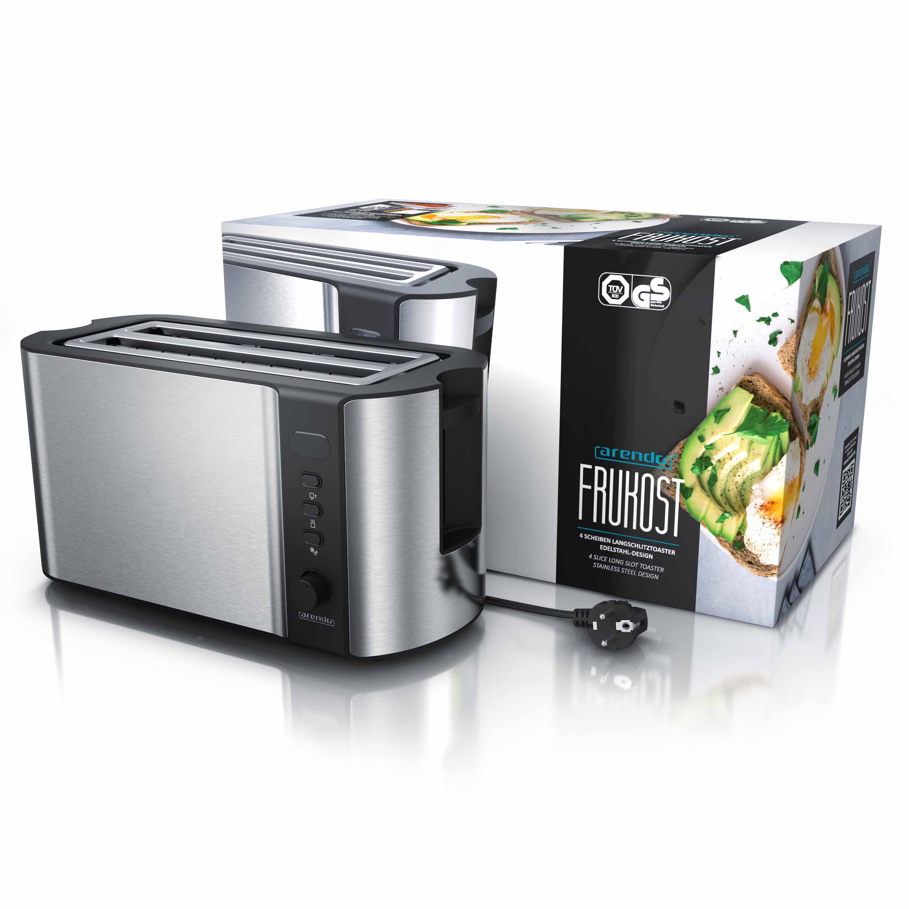 Silberner und schwarzer Toaster mit einer Box. Die Box hat Bilder von Toast und Text.