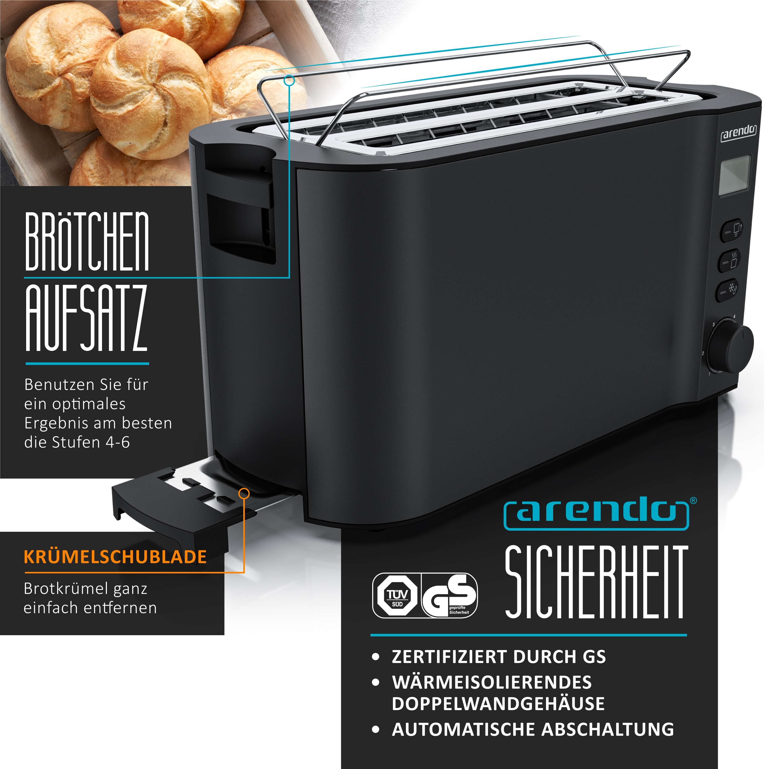Schwarzer Toaster mit Brötchenaufsatz. Mit Krümelschublade und Bedienknöpfen.