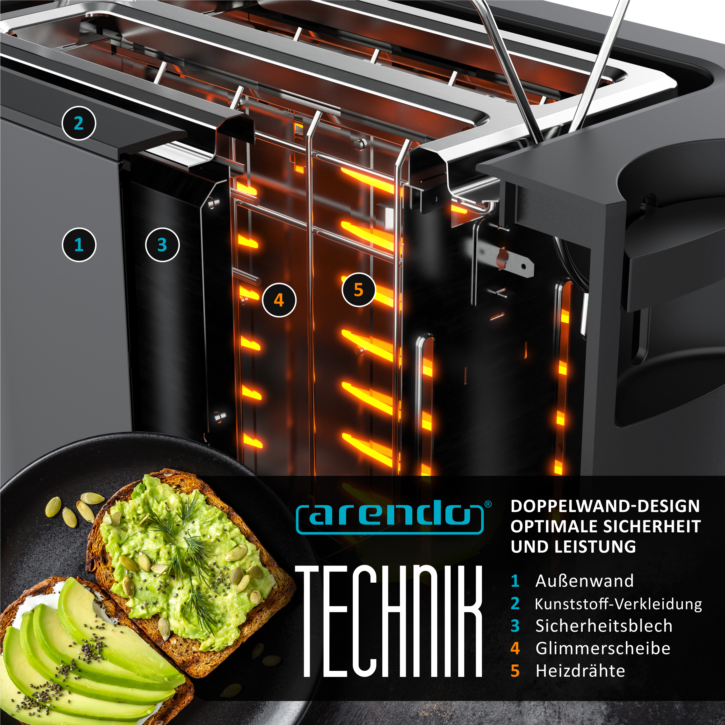 Nahaufnahme eines Toasters mit detaillierten Innenkomponenten, einschließlich Heizelementen und Brotscheiben.