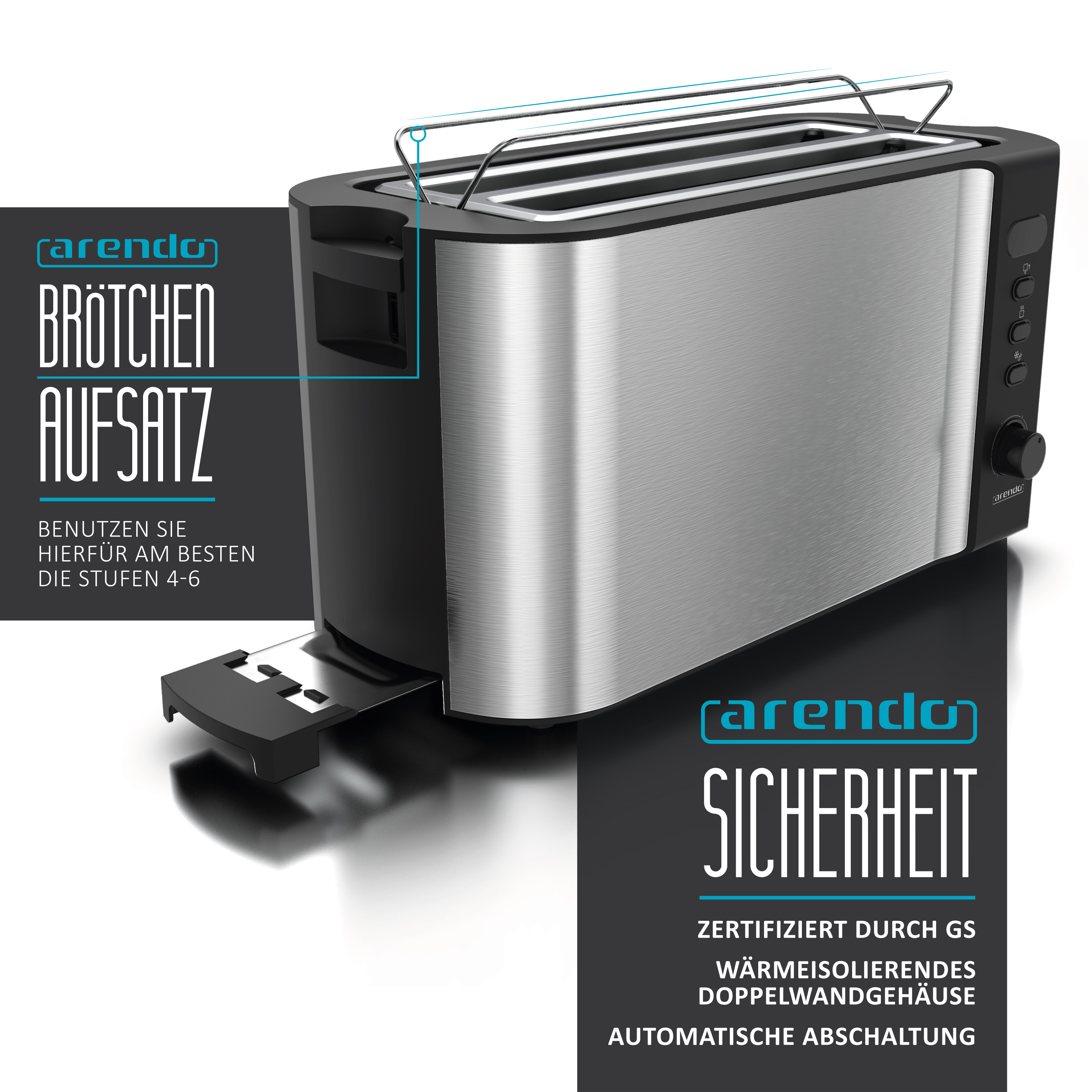 Silber- und Schwarz-Toaster mit Edelstahlgestell. Text auf der linken Seite. Schwarzer Hintergrund.
