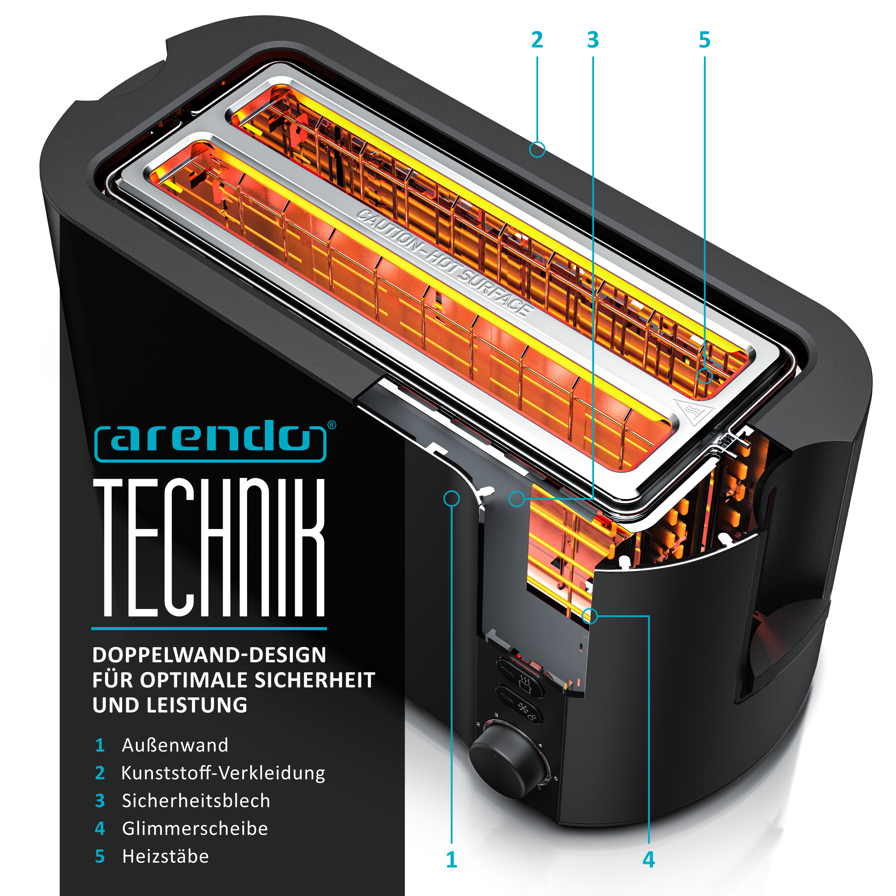 Schwarzer Toaster mit detaillierter Innenansicht, beschrifteten Teilen und Text.