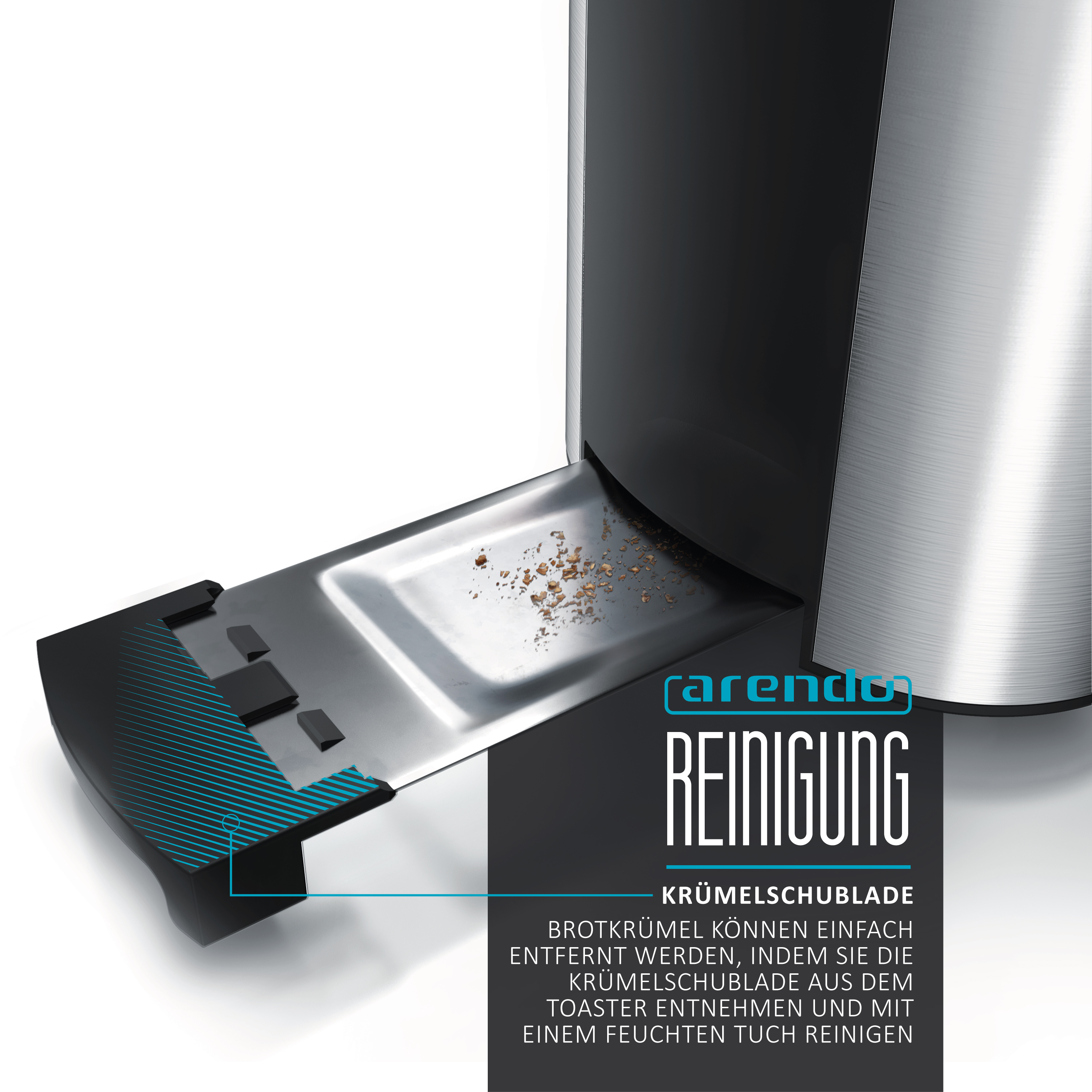 Toaster mit herausgezogener Krümelschublade. Text: Reinigung. Anweisungen zum Ausbau der Schublade.