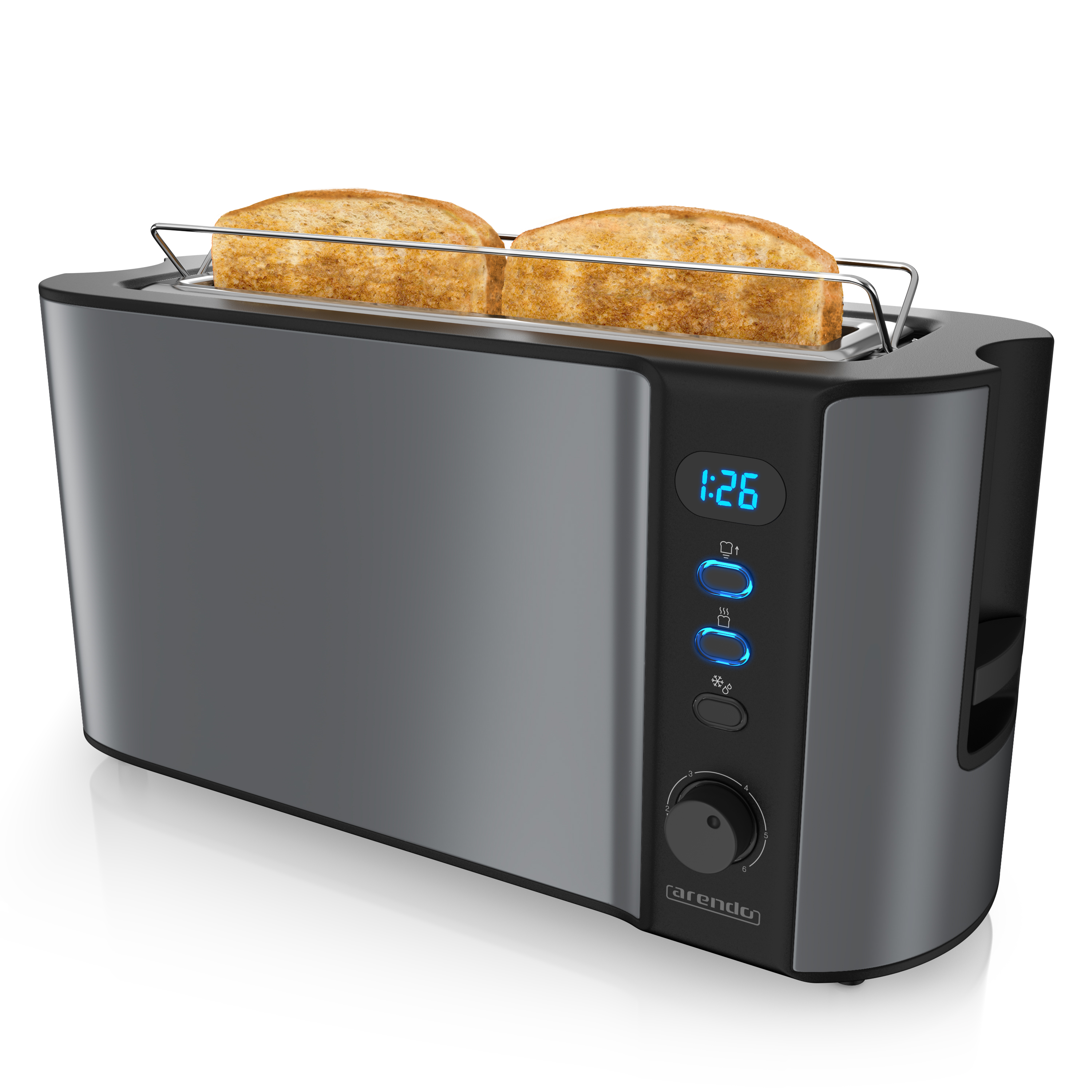 Ein moderner grauer Toaster mit zwei Toastscheiben. Digitalanzeige zeigt die Zeit.
