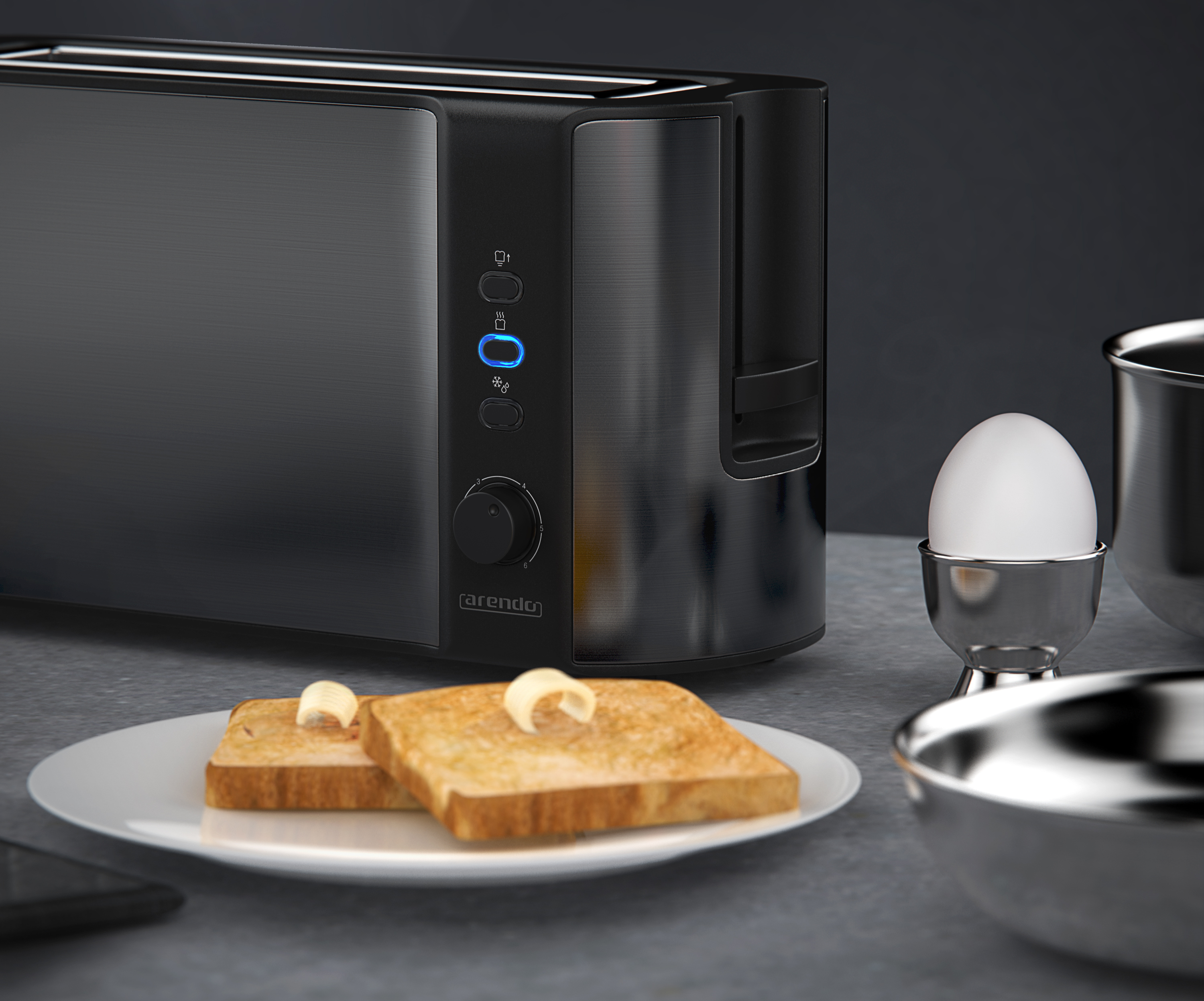Schwarzer Toaster mit zwei Toastscheiben und Eierbecher mit Ei.