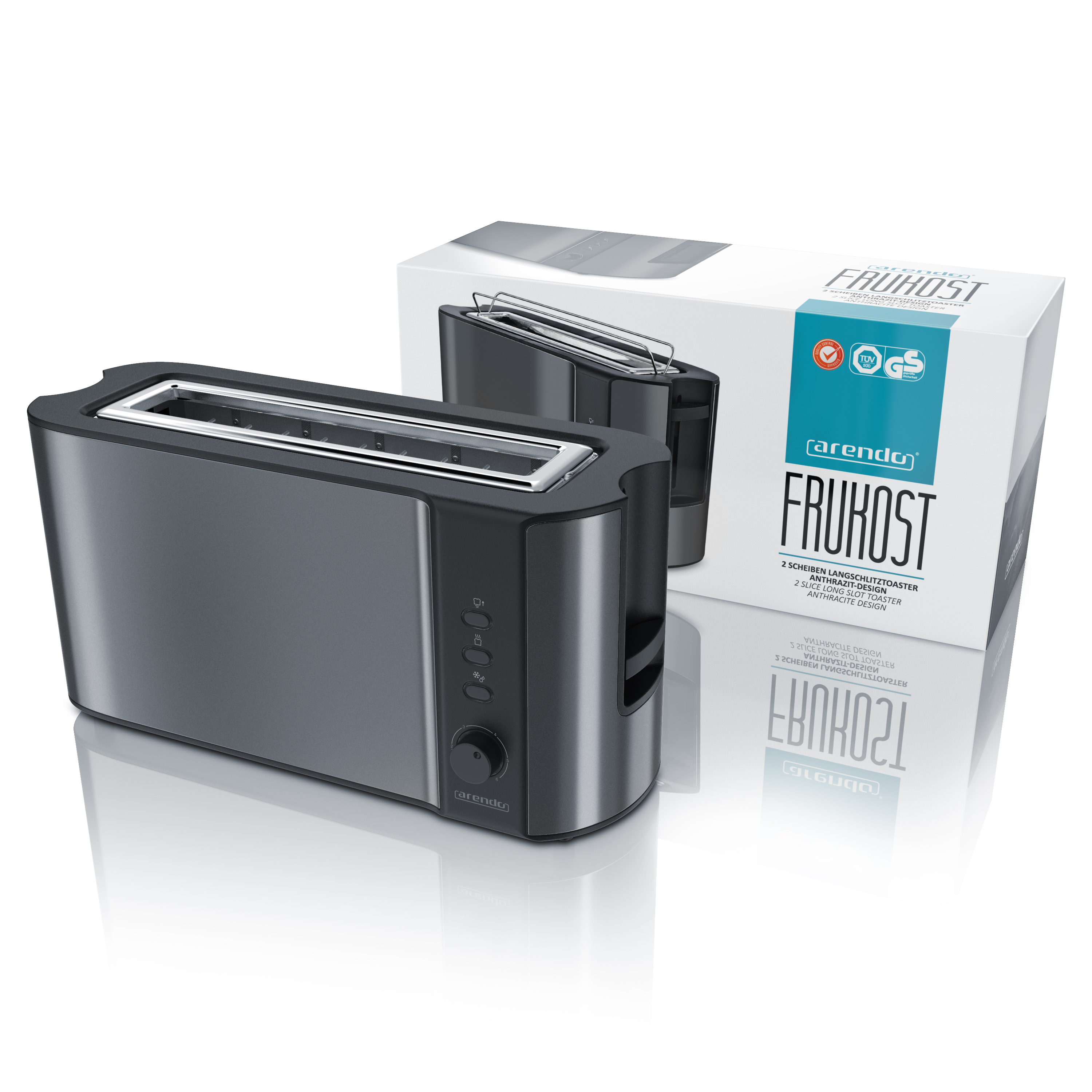 Ein schwarz-grauer Toaster mit einer Box. Der Toaster hat Knöpfe und Schlitze für Brot.