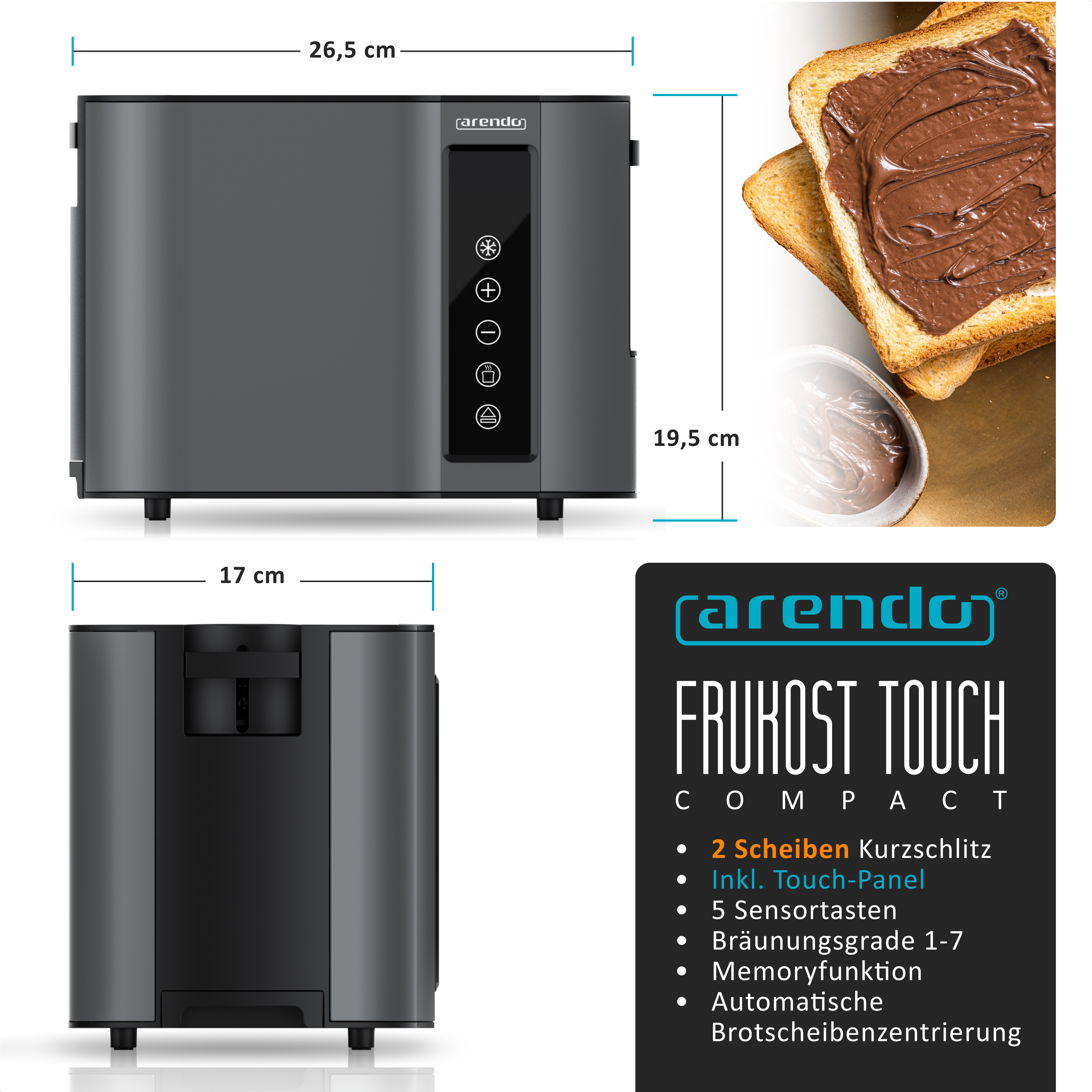 Ein grauer Toaster mit Touch-Panel wird gezeigt. Toast mit Schokoaufstrich ist sichtbar.