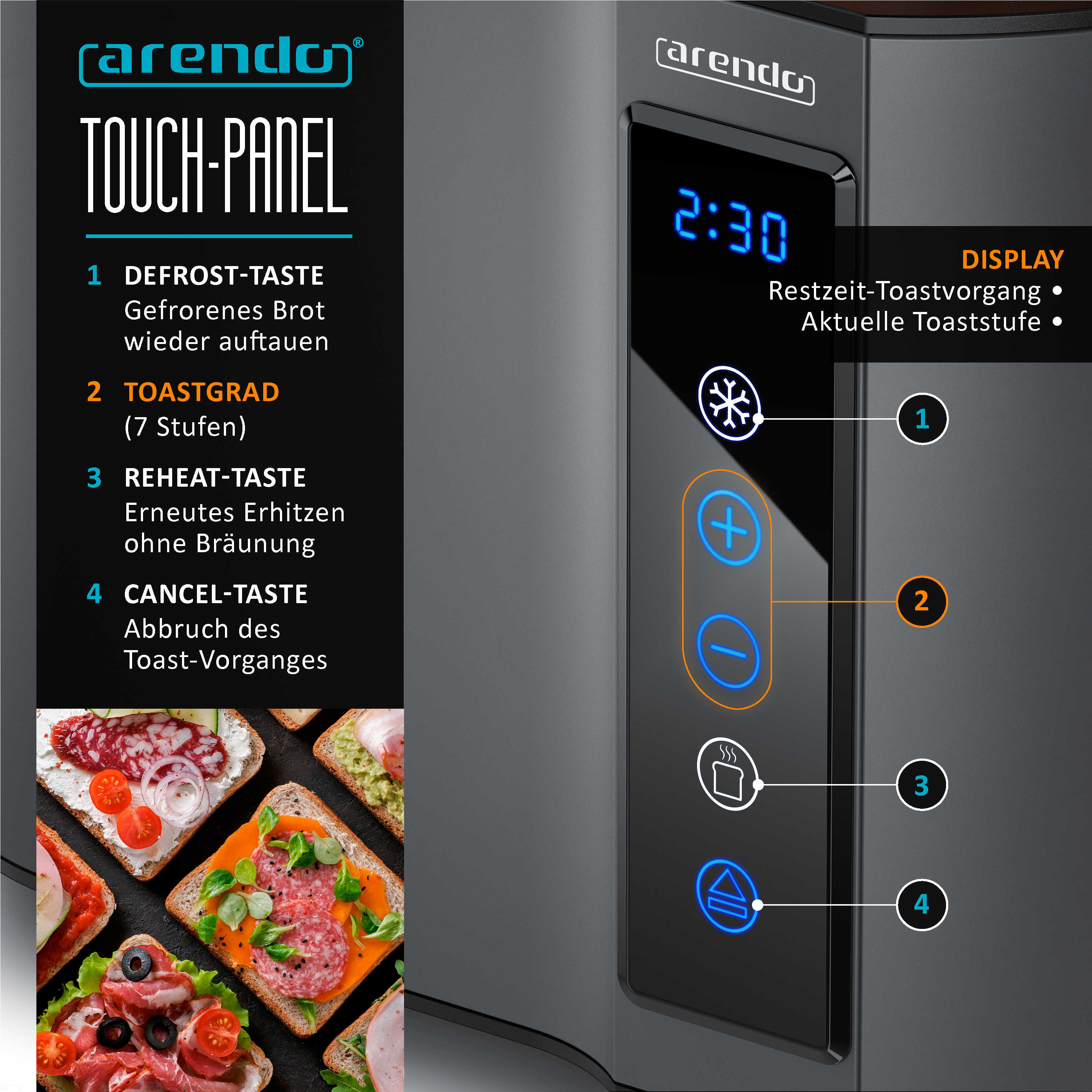 Nahaufnahme eines Toasters mit Touchscreen, Display und nummerierten Tasten.