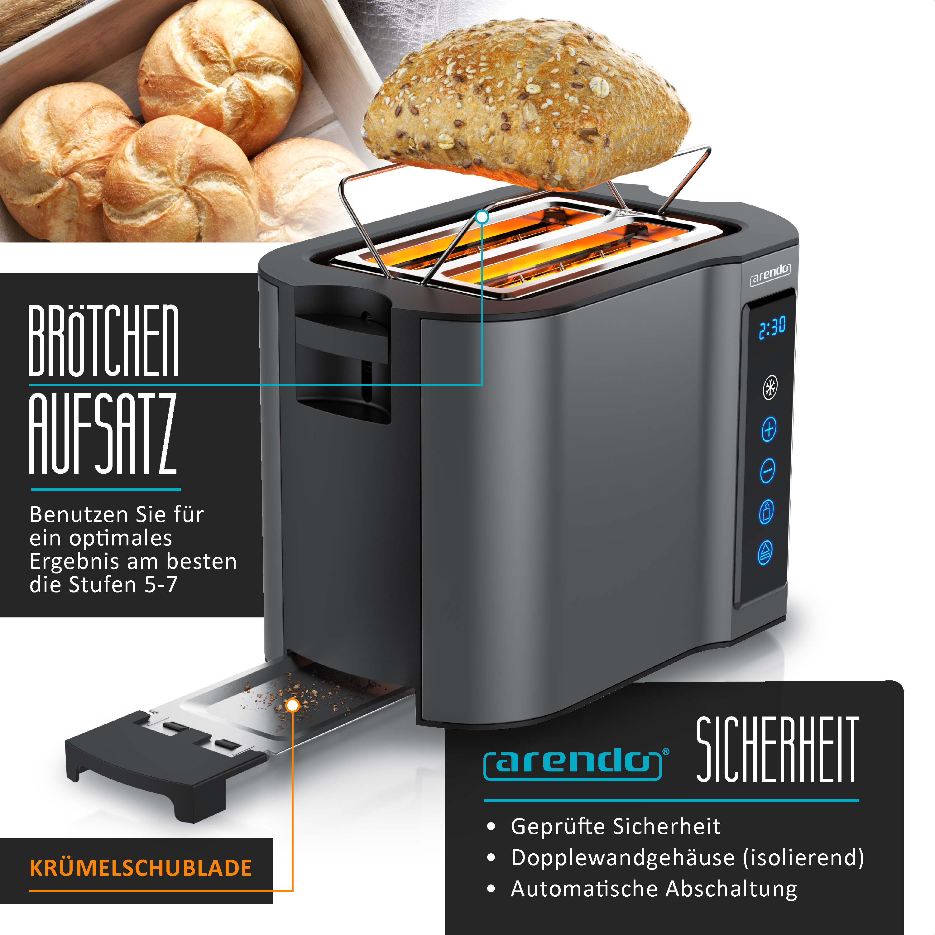 Toaster mit Brot. Text: Brötchen Aufsatz, Krümelschublade, und Sicherheit.