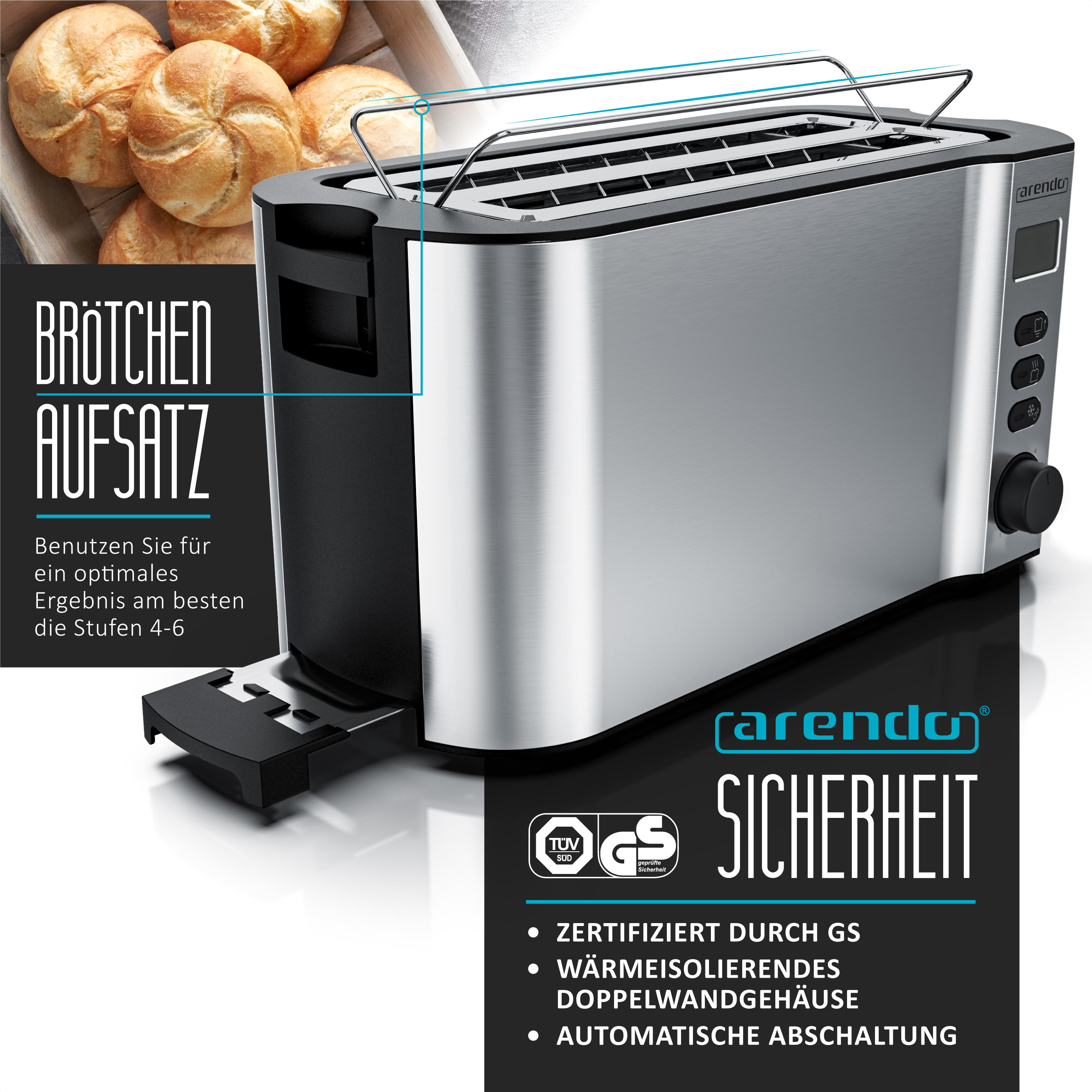 Ein silberner Toaster mit schwarzem Sockel und ein Tablett mit Brötchen daneben.