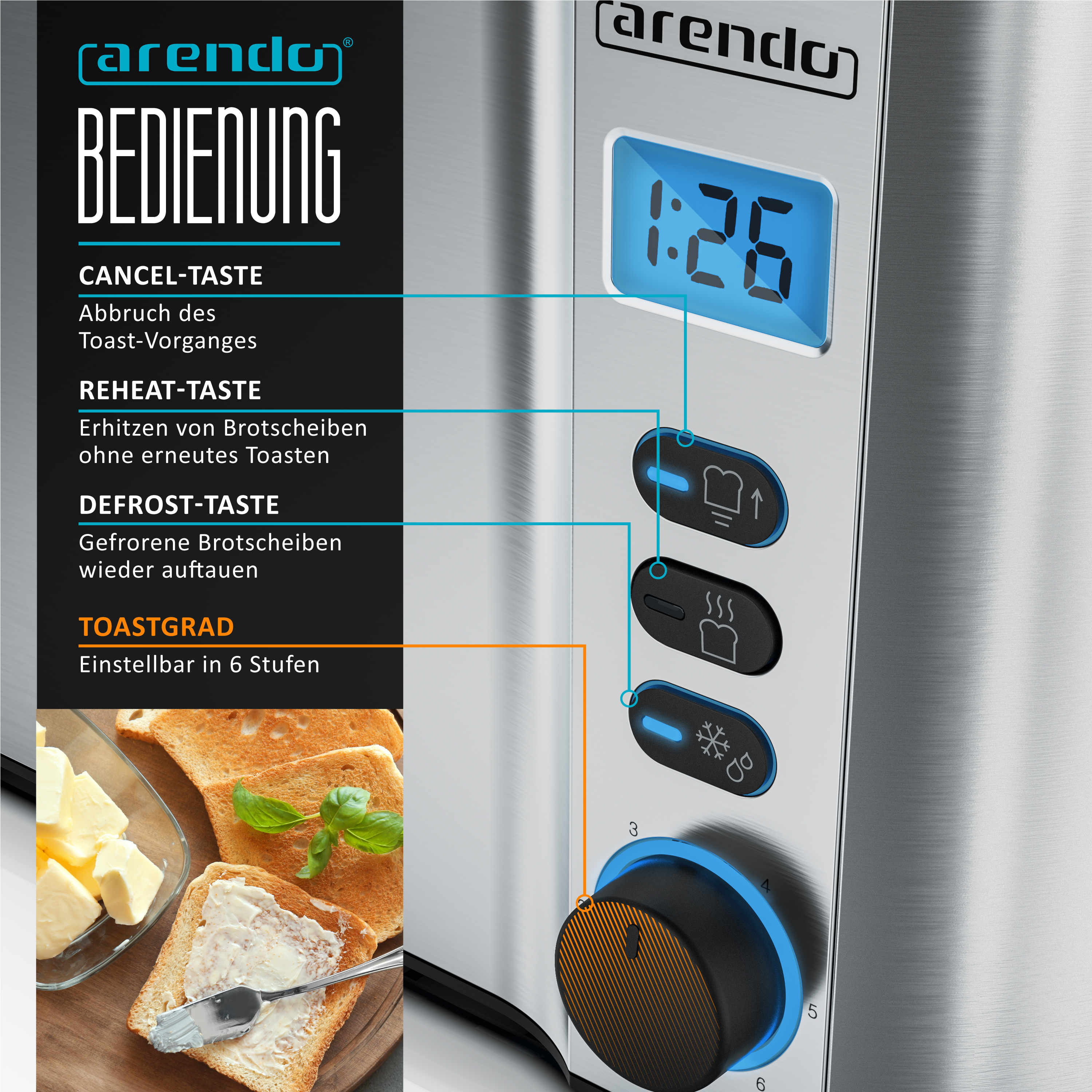 Nahaufnahme der Bedienelemente eines Toasters mit Knöpfen und einem Drehregler für Einstellungen auf weißem Hintergrund.