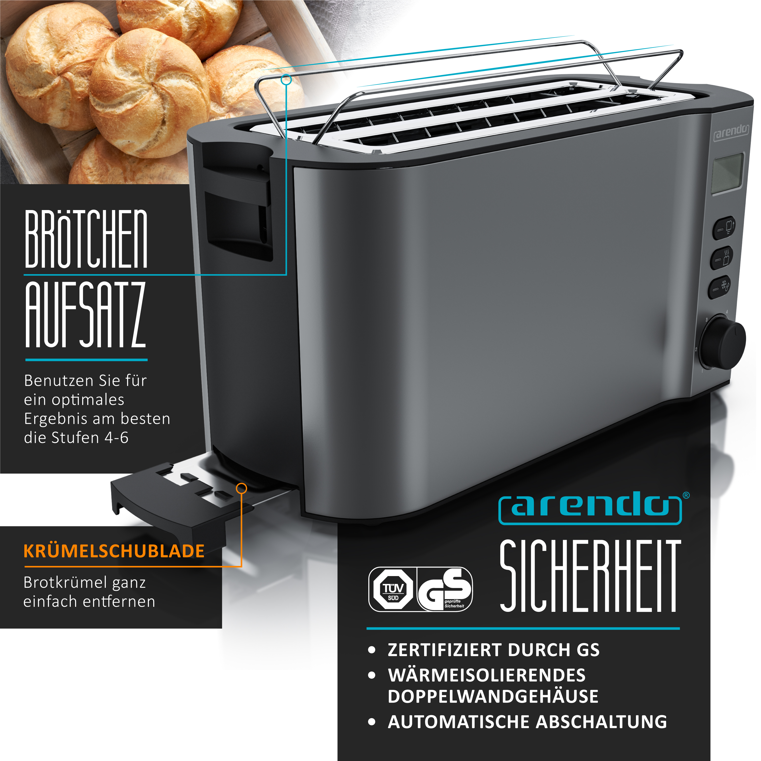 Grauer Toaster mit Brötchenaufsatz und Krümelschublade. Brötchen im Hintergrund.