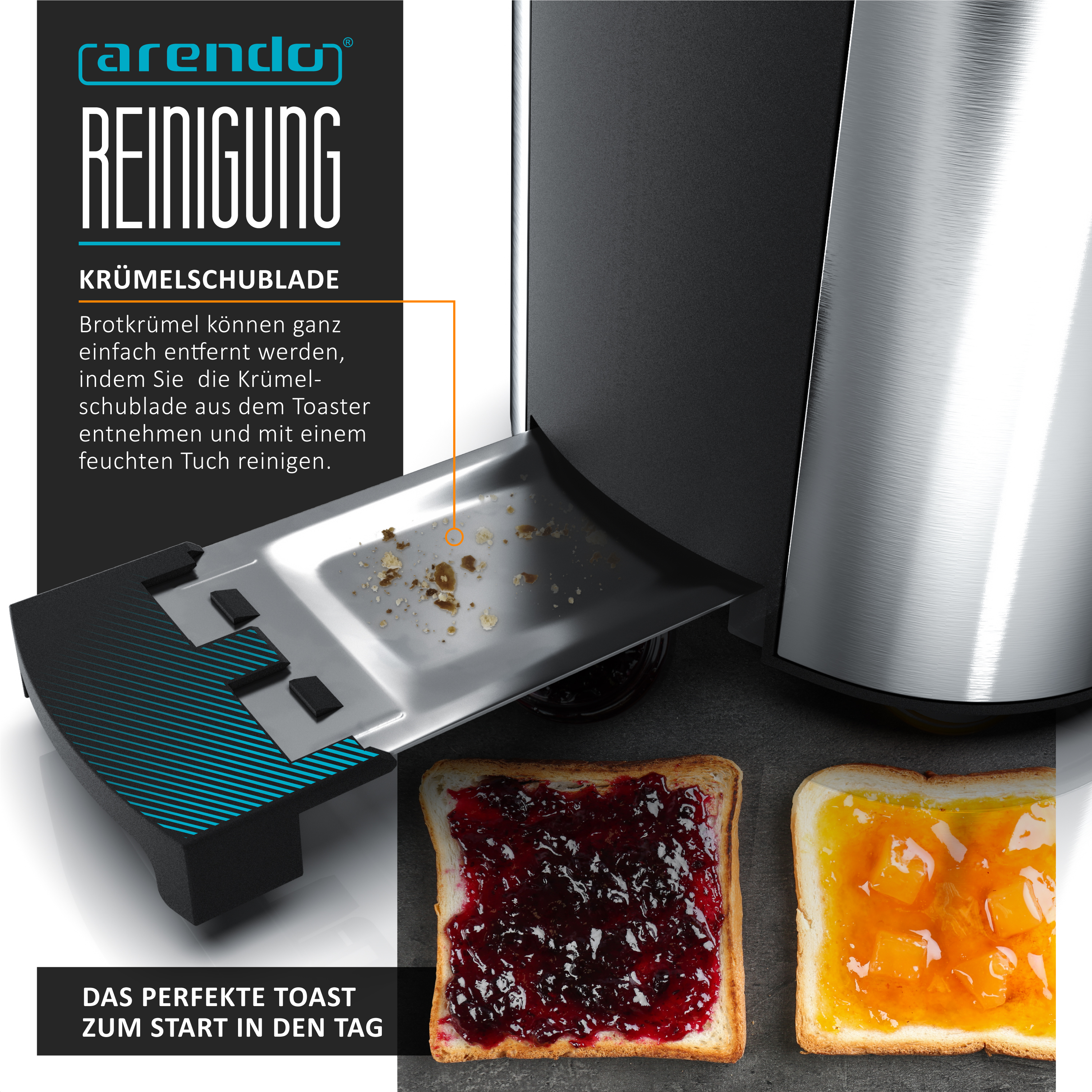 Toaster mit Krümelschublade. Zwei Toastscheiben mit Marmelade und Konfitüre werden gezeigt.
