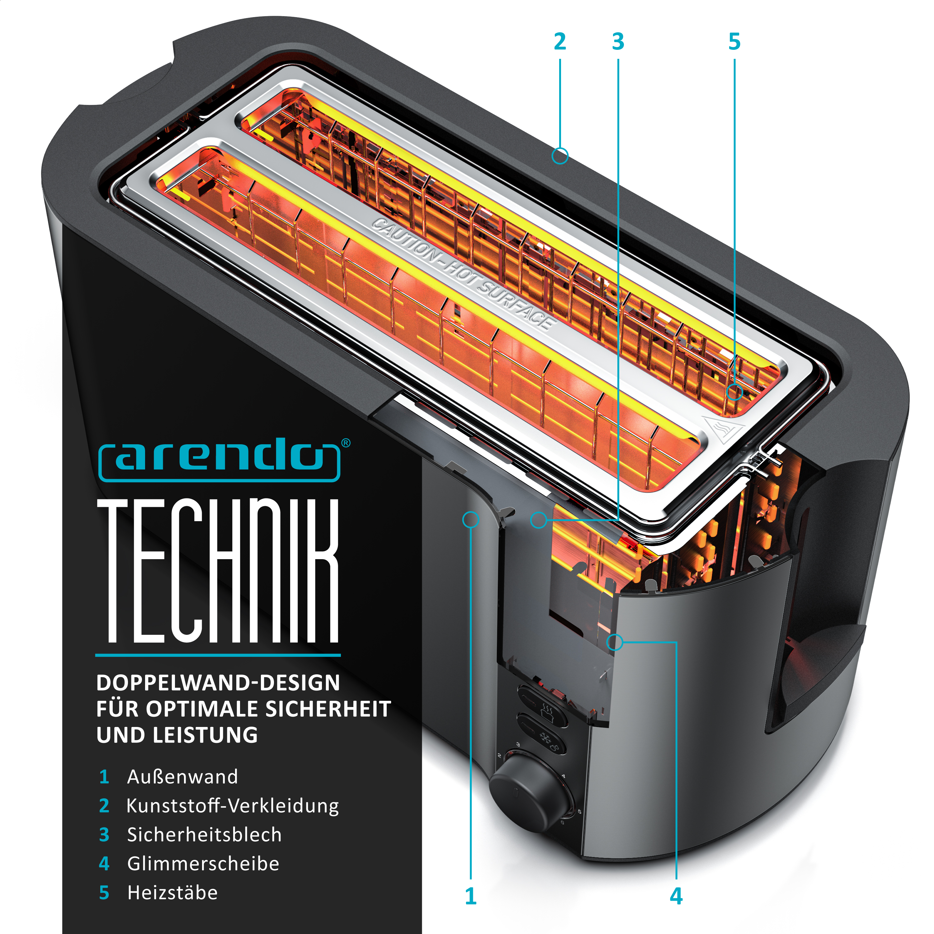 Schwarzer Toaster mit Design für optimale Sicherheit und Leistung; zeigt die Heizelemente.