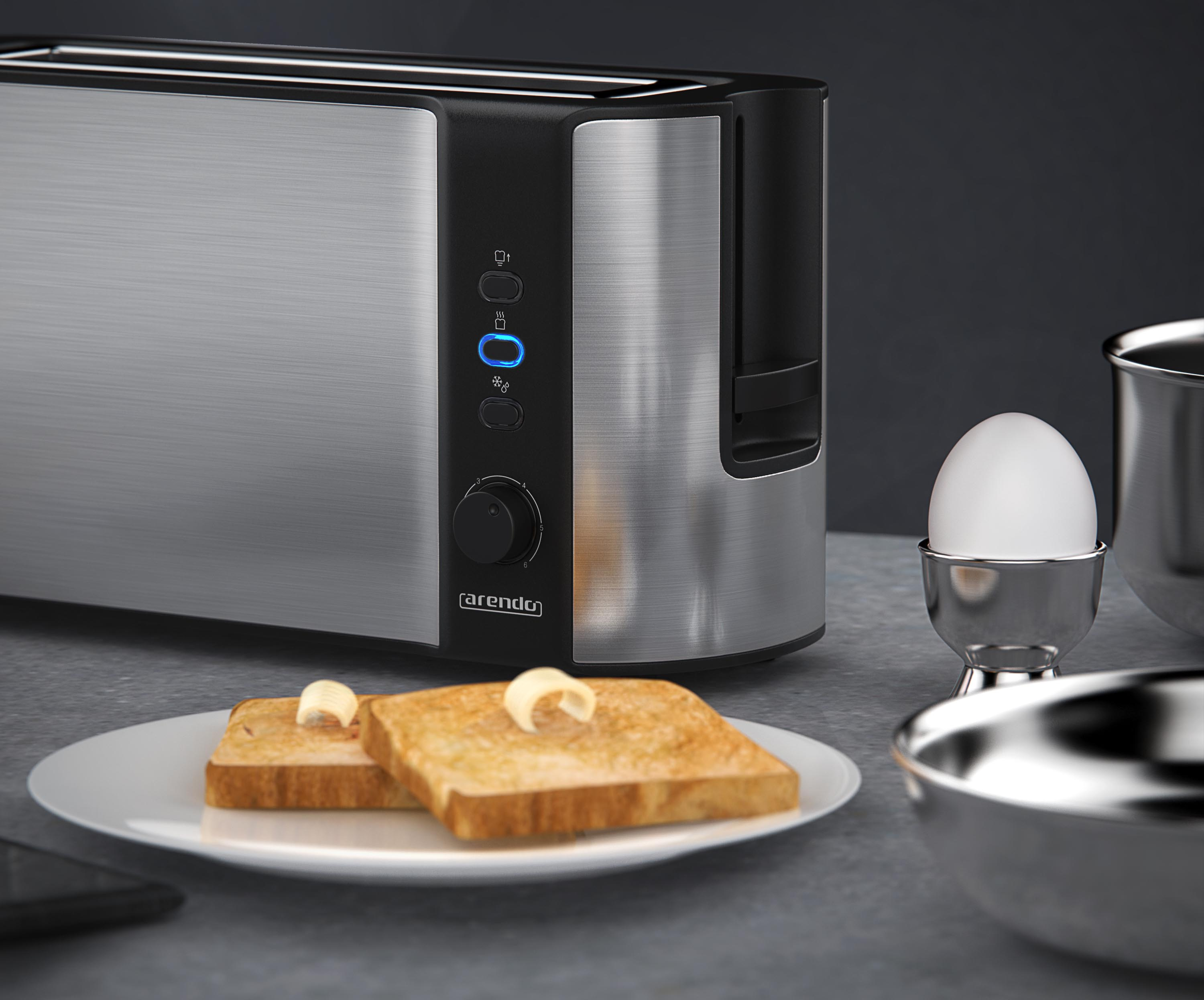 Nahaufnahme eines Toasters mit Toast und Ei. Graue Oberfläche. Dunkler Hintergrund, unscharfe Elemente.