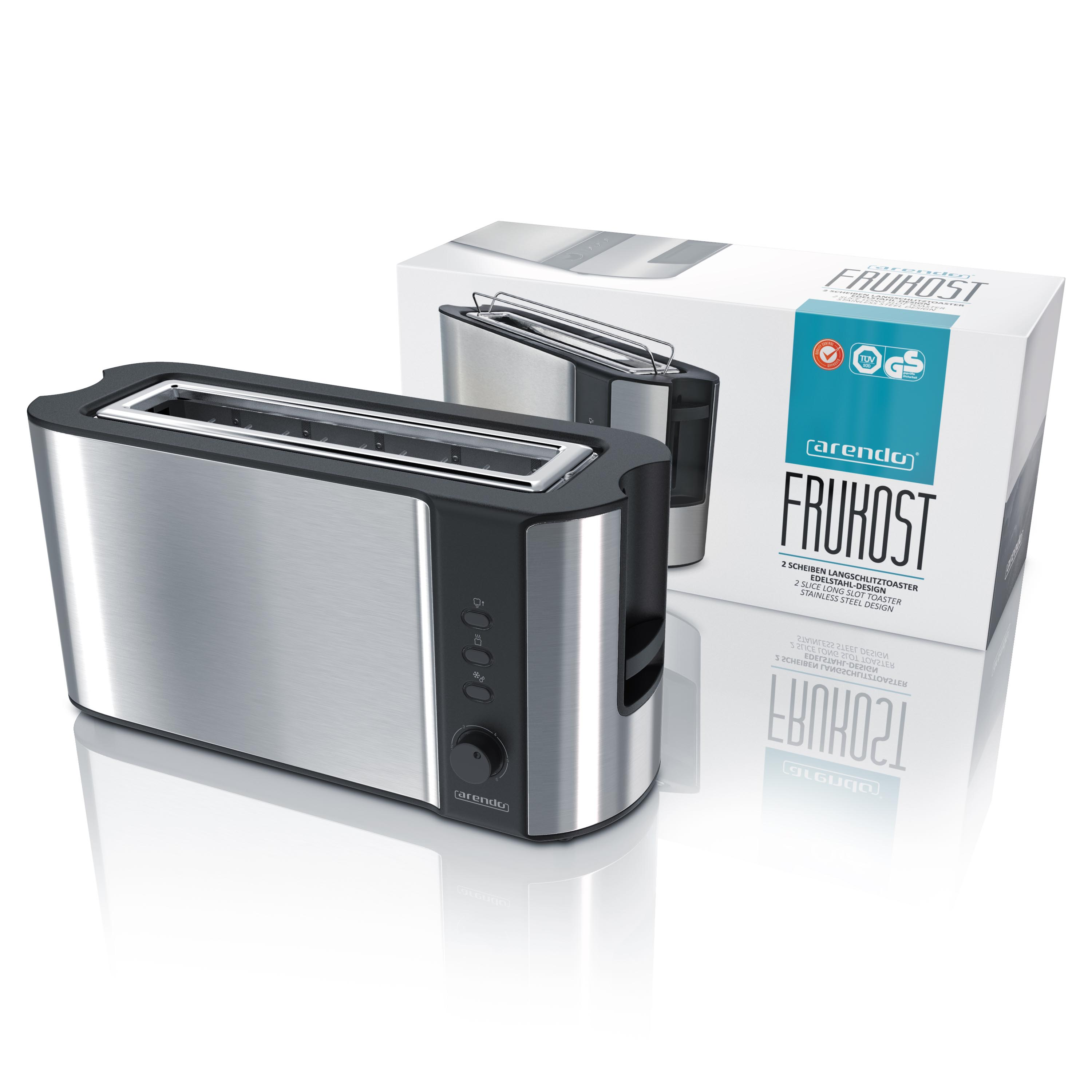 Ein Edelstahl-Toaster und Karton. Auf der Box steht 'FRÜHSTÜCK' und ein Logo.