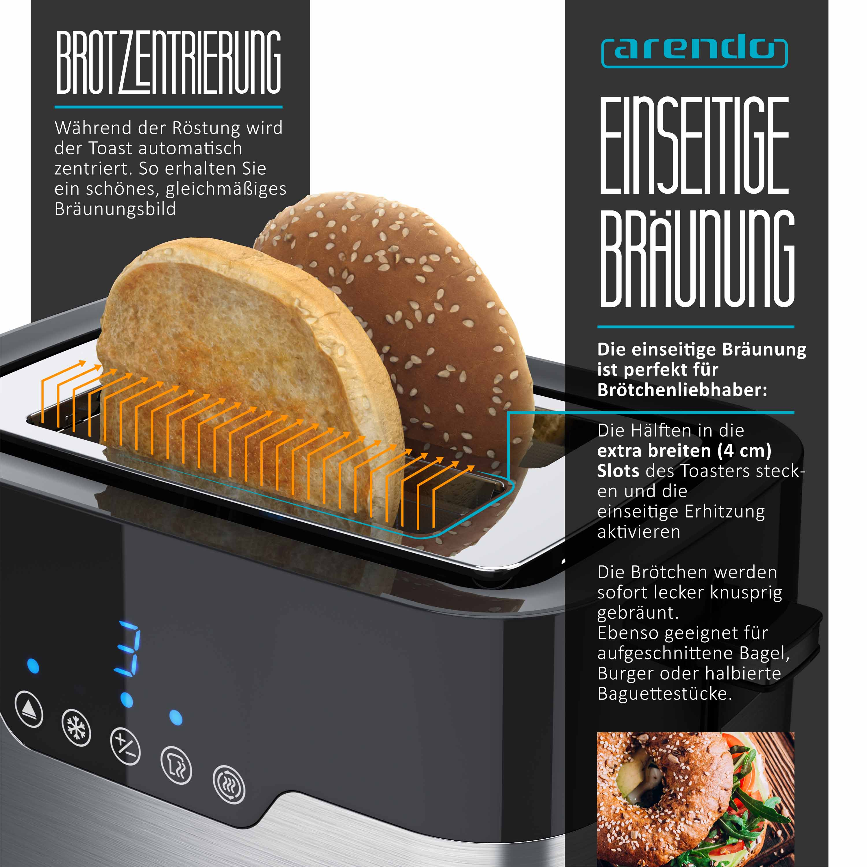 Toaster mit zwei Toastscheiben. Der Toaster ist schwarz mit Digitalanzeige.