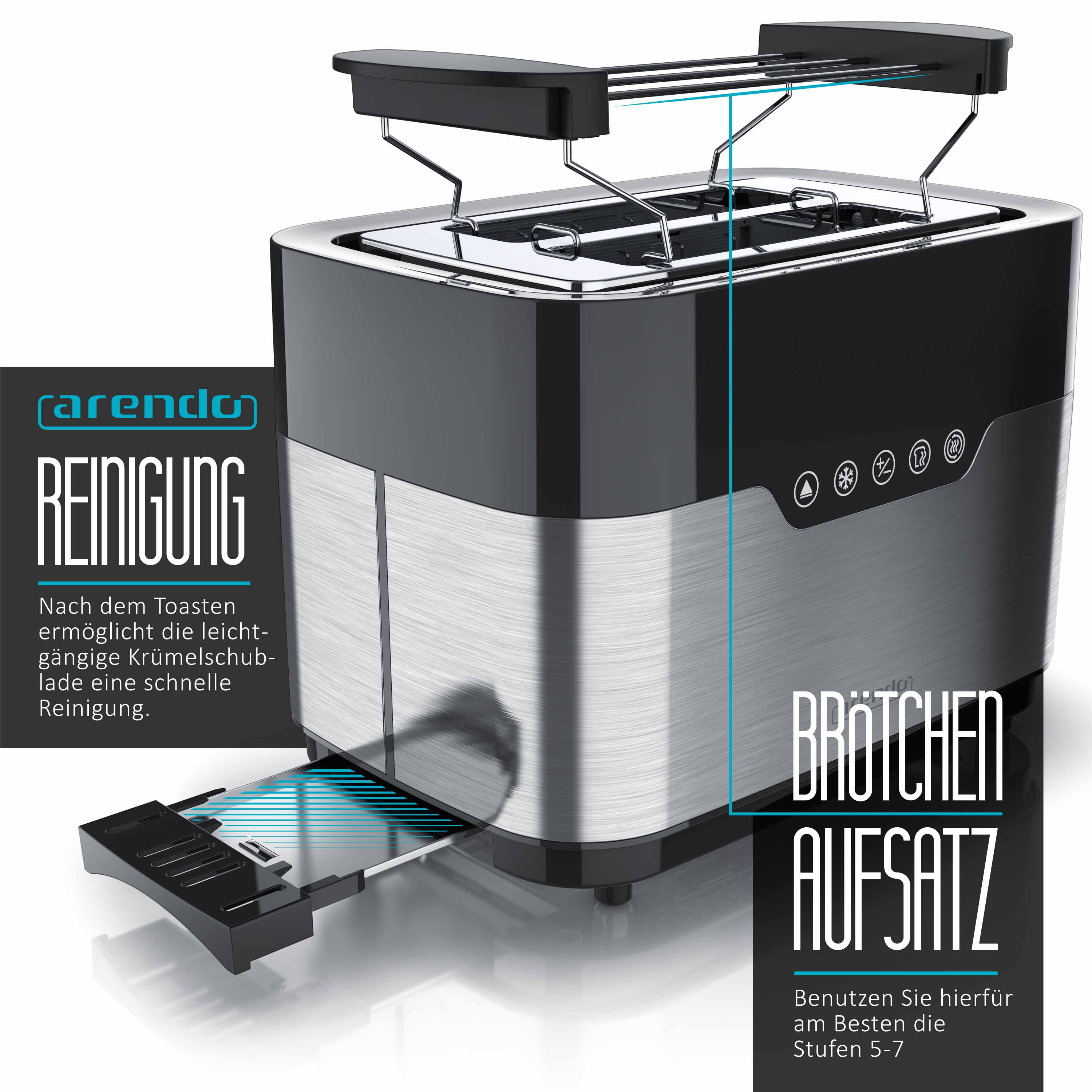 Ein silber-schwarzer Toaster mit Krümelschublade und deutschem Text.