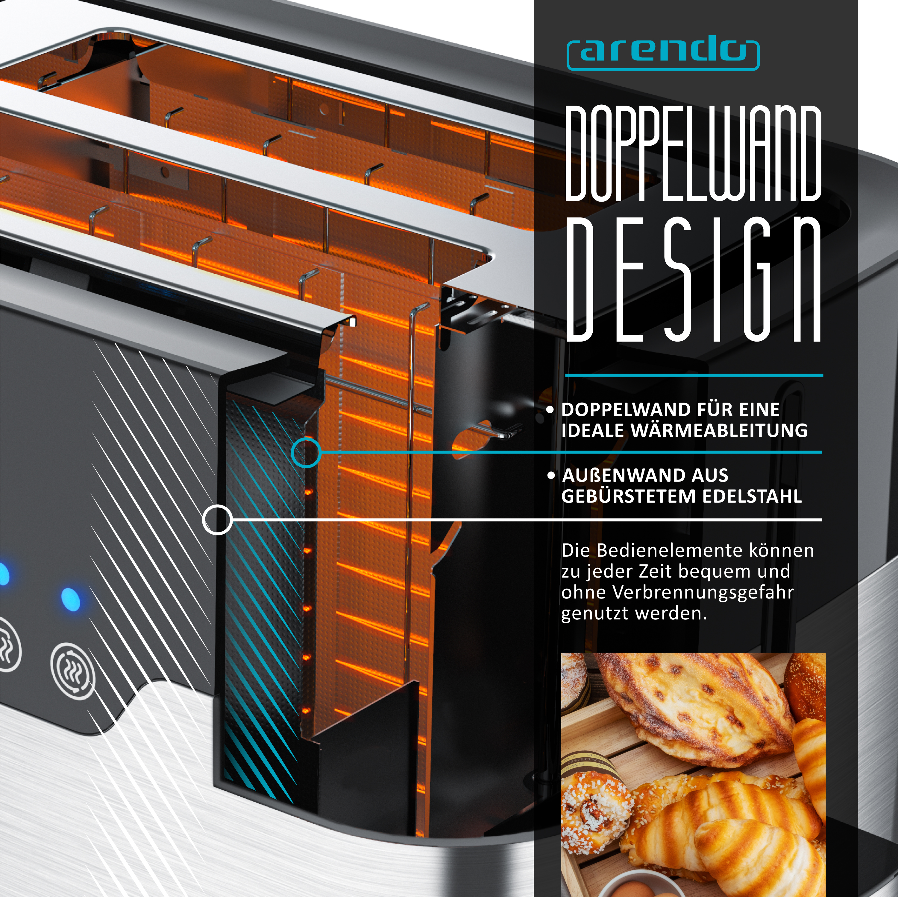 Schwarzer Toaster mit Schnittansicht, die Heizelemente und Brot zeigt. Text: Doppelwand-Design.