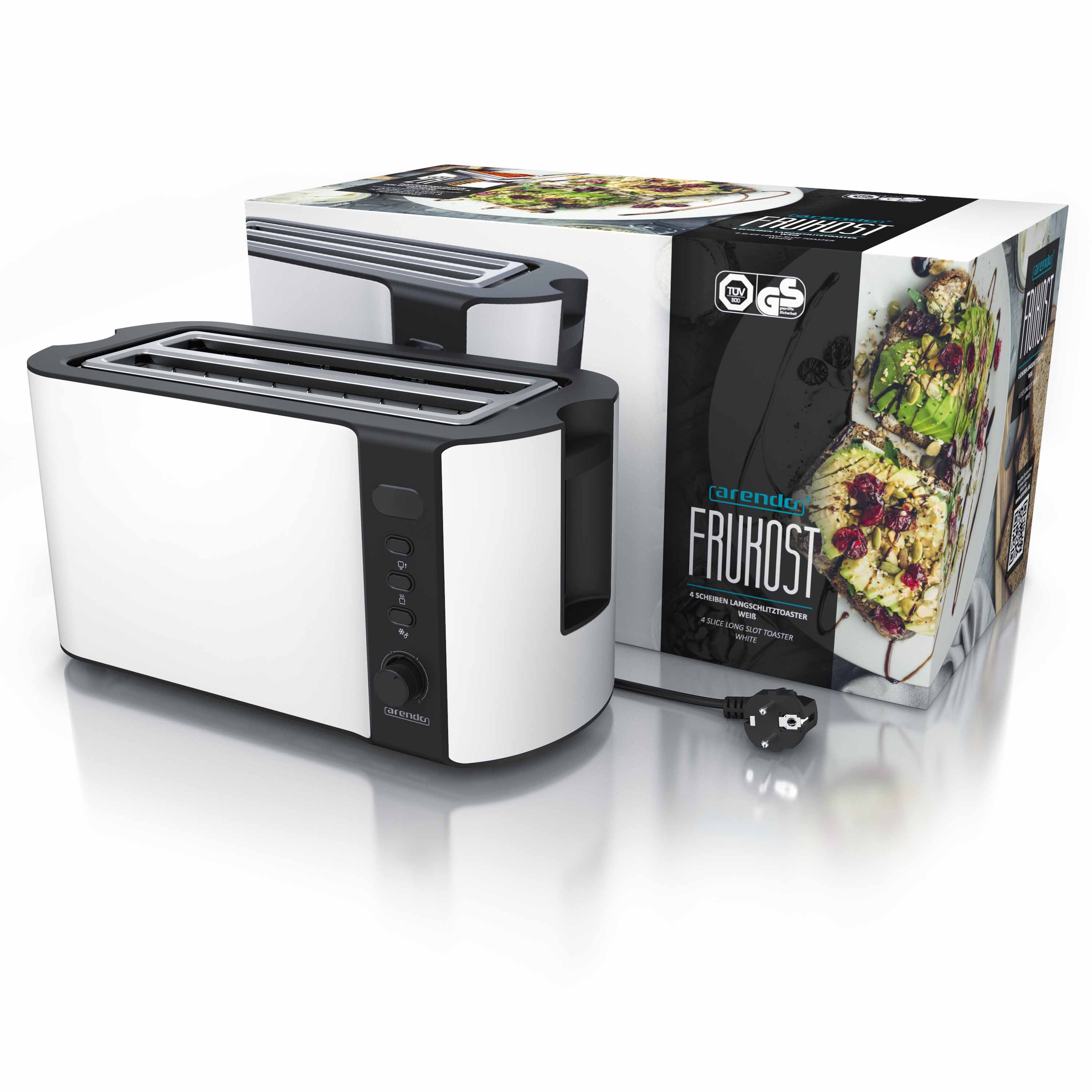 Weißer und schwarzer Toaster mit einer Box mit getoasteten Sandwiches. Die Box befindet sich hinter dem Toaster.