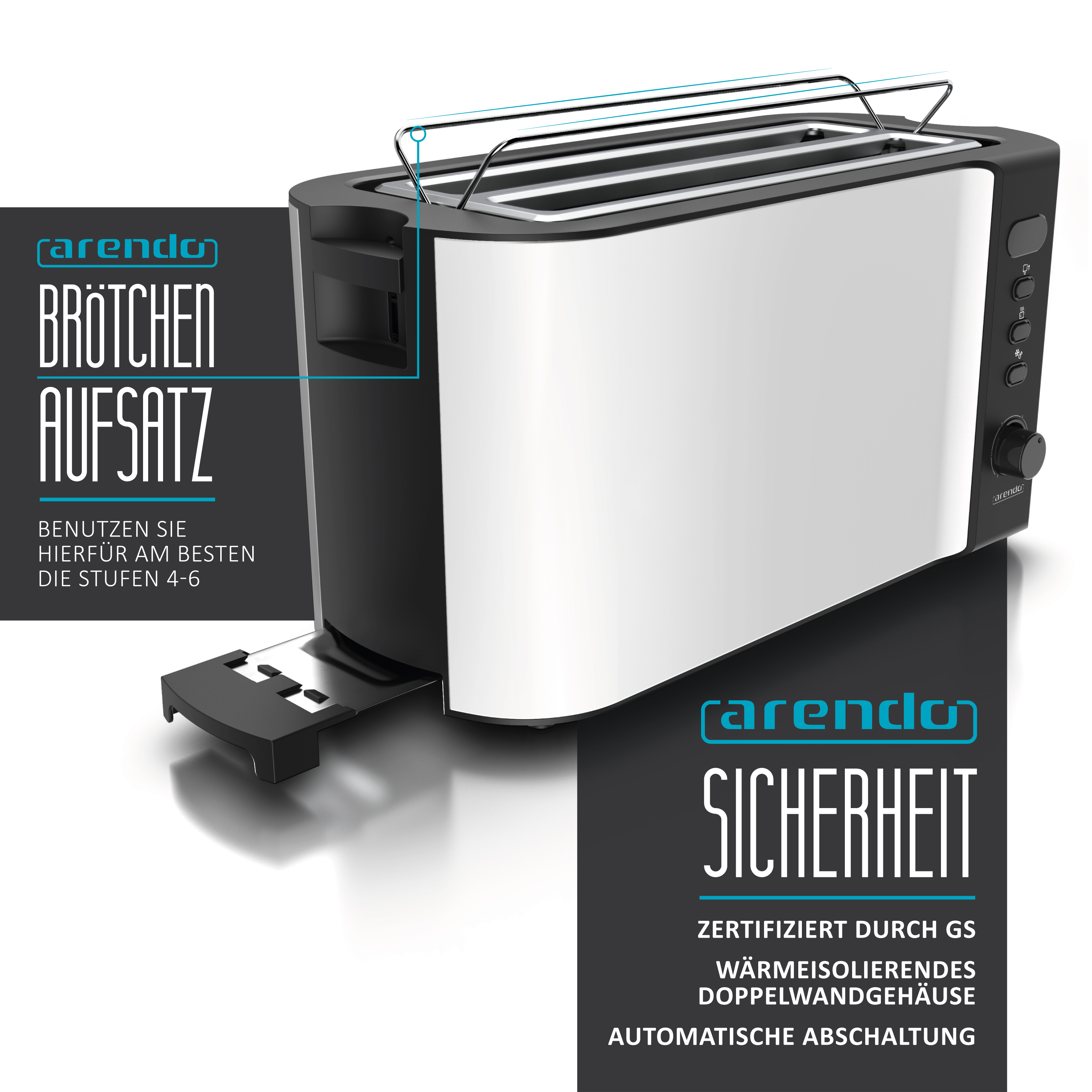 Ein silber-schwarzer Toaster mit dem Markennamen 'Arendo'. Er hat eine Edelstahl-Oberseite und einen schwarzen Sockel, sowie eine Schublade.